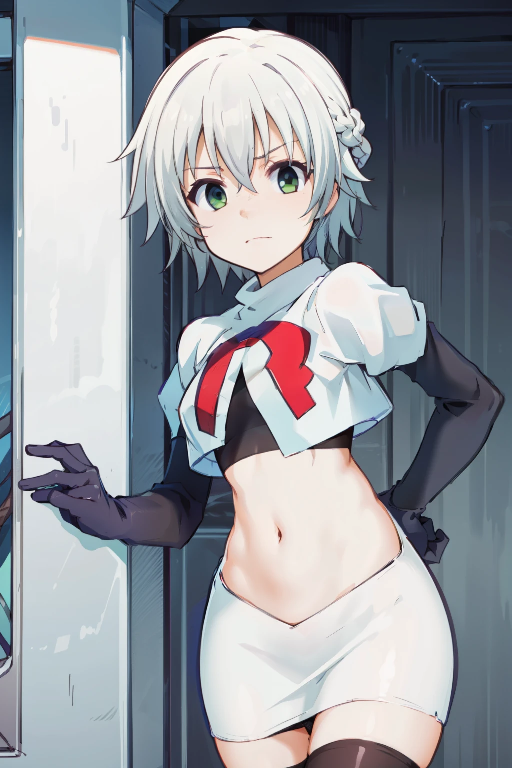 (((pixel-perfect, detail-perfect))), solo, 1girl, shizuku kurogane, hair braid,looking at viewer, team rocket,team rocket uniform, red letter R, white skirt,white crop top,black thigh-highs,black elbow gloves