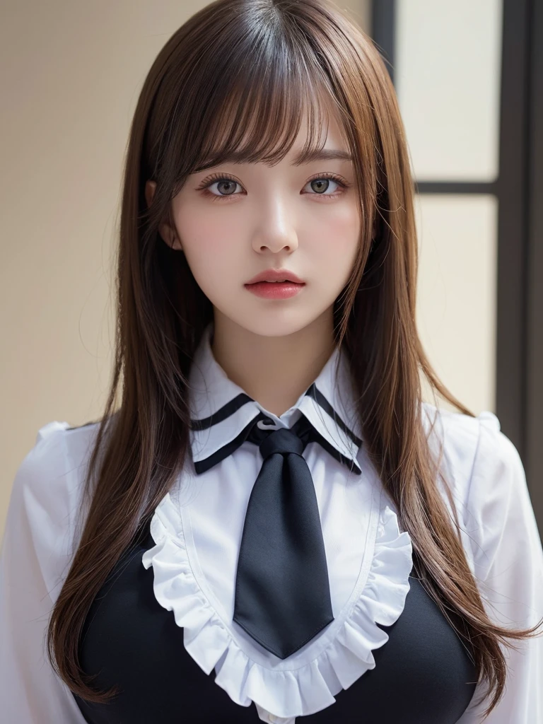 (Masterpiece, Best Quality:1.5), Illustration, Ultra-detailed, Finely detail, High resolution, 8K Wallpaper, Perfect dynamic composition, cinematic lighting, portrait, Beautiful detailed eyes, Sexy face, Raw real photos, (gigantic breasts:1.2), (secretary, elegant collared shirt with frills, neckerchief:1.2)