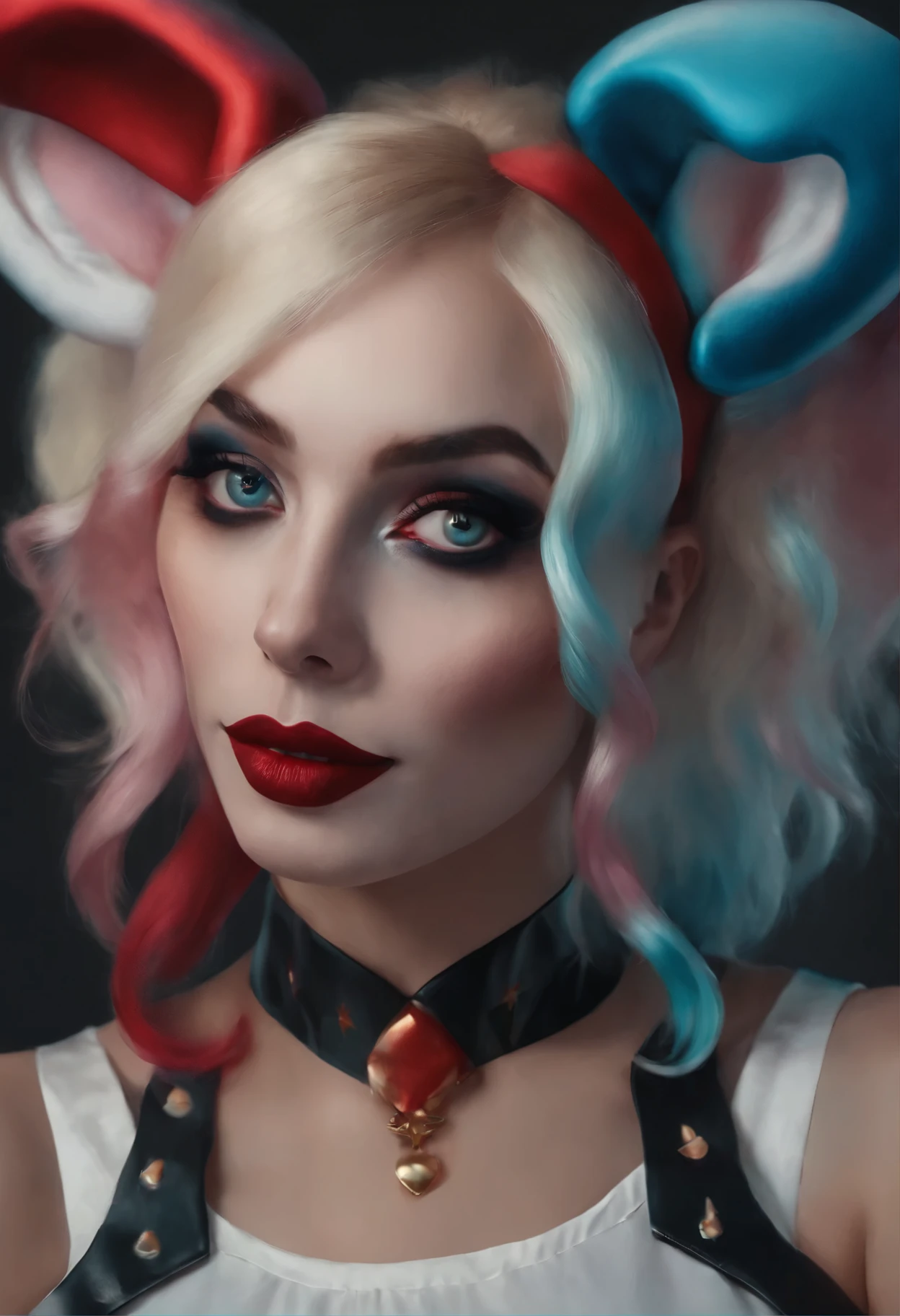 close-up of a woman with a rabbit on her head, of Harley Quinn, portrait of Harley Quinn, Colorful cinematography, Scary color graphics in 4 K, Artgerm Julie Bell Beeple, art of alessandro pautasso, Harley Quinn, by Galen Dara, Martin then, Martin then artwork portrait, Harley Quinn
