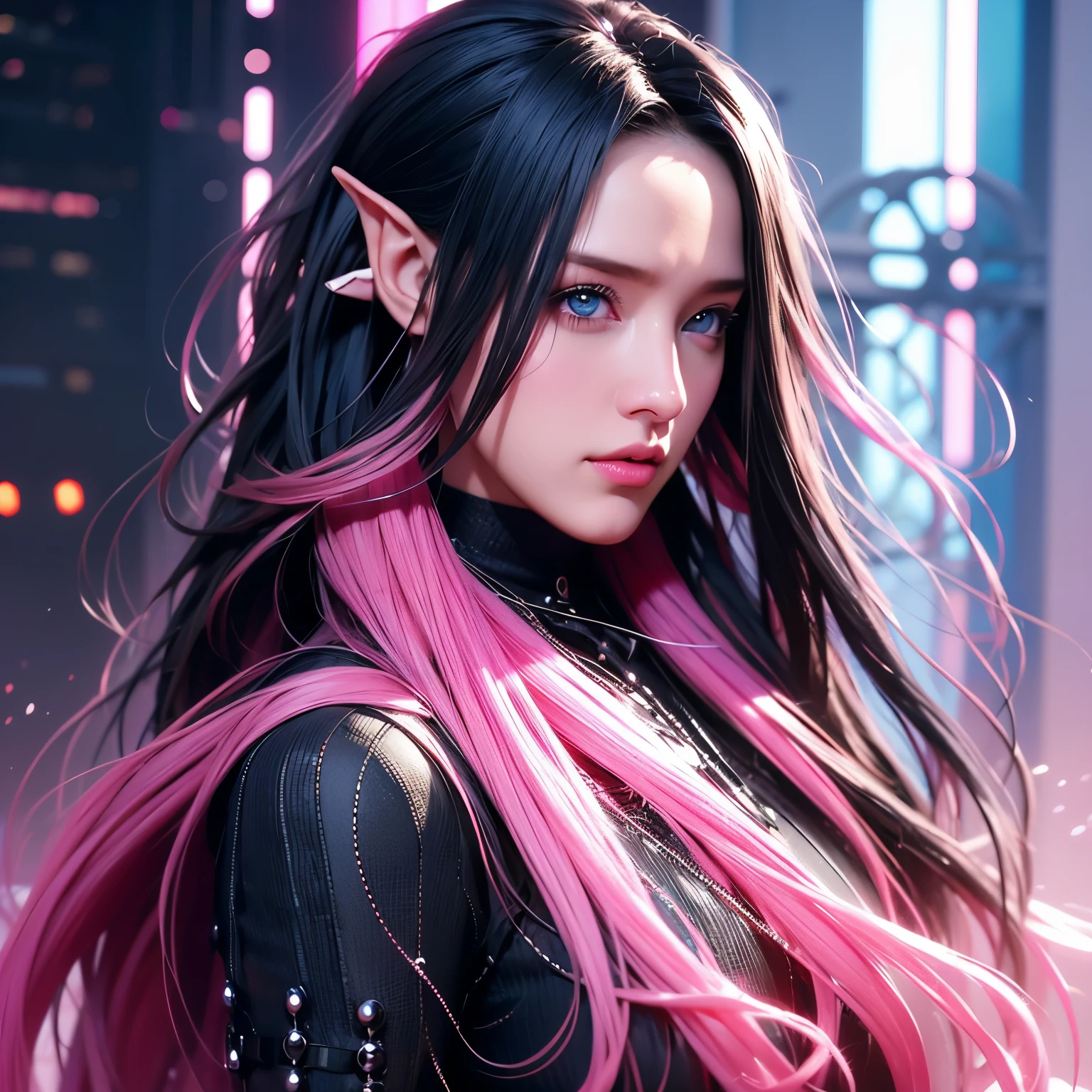 Woman, long curly hair, black and pink hair, blue eyes, cyperpunk, technology ,Black hair with black mix, coxas grossas ,Black hair with pink together, pink in the strands of hair underneath ,Alone a woman , elf
