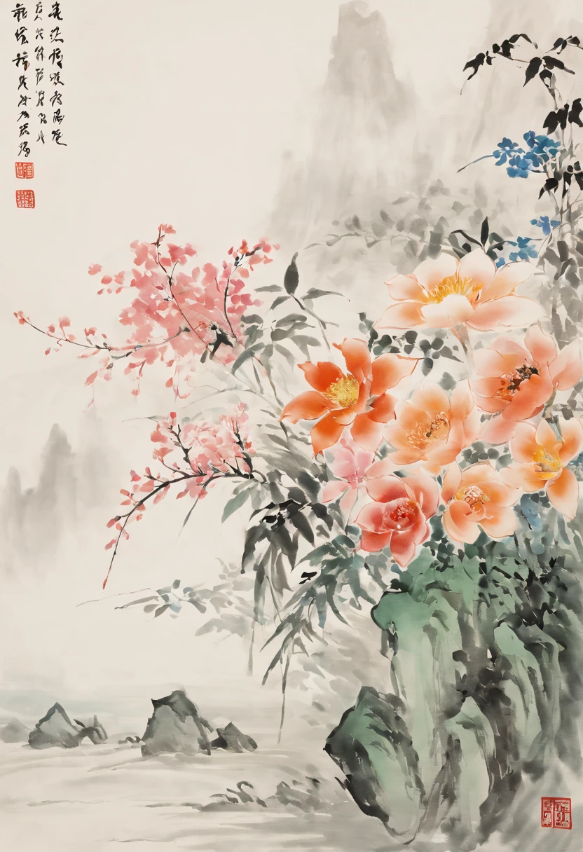 Chinese watercolor paintings focus on the beauty and characteristics of flowers，Using traditional Chinese watercolor style，Capture the elegance and subtlety of flowers，Composition includes various flowers，Each flower  presented with the delicate brushstrokes and soft colors typical of Chinese watercolor art。The arrangement of flowers should be harmonious and beautiful，Demonstrate their individual beauty and the overall balance of the composition。The background should be minimalist，Make flowers the centerpiece of your artwork