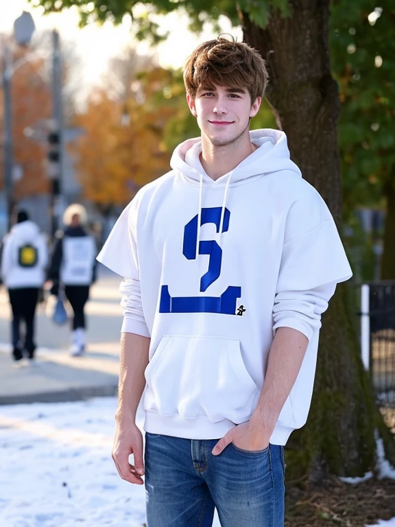basketball,university student,tall,Half Japan and half British,shortcut(hairstyle,two block),muscular,19 years old,thick beard,blonde,gentle expression,meek,Good guy,basketball部,Fashionable hoodies,jeans,blue eyes,double eyelid,Honor Students,snow,Winter clothes,Looks like Luka Dončić,macho,shy smile,