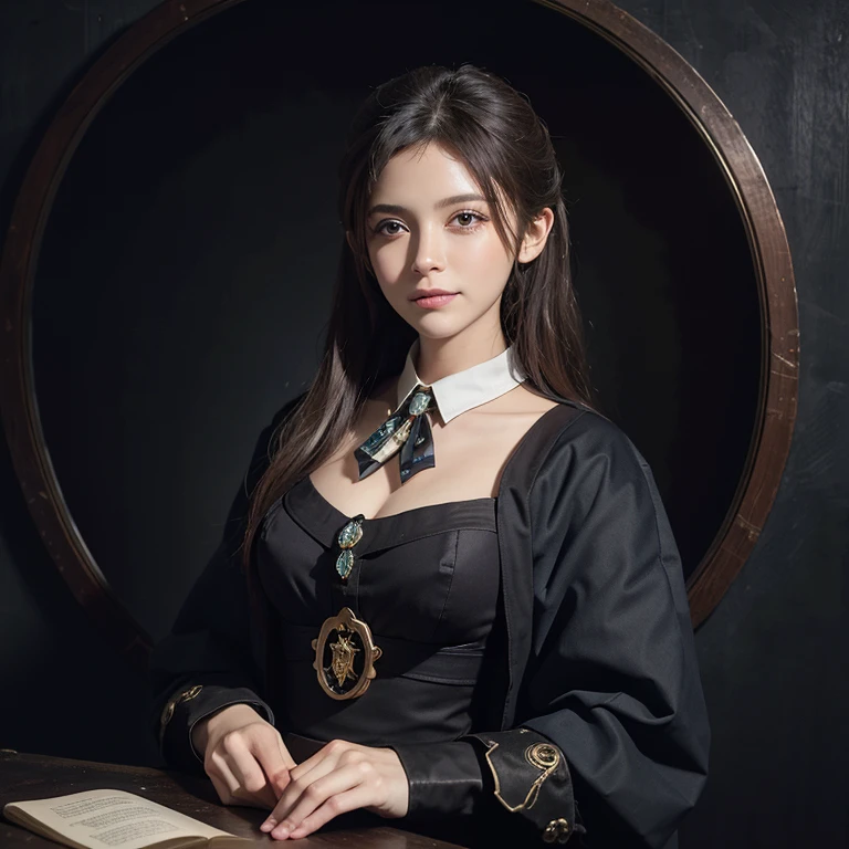 (front focus), (in the dark:1.6), Hyperrealist portrait of a woman by David Hockney and Alphonse Mucha, fantasy art, photo-realistic, dynamic lighting, art station, poster, volume lighting, highly detailed face, 4k, Awards, 1 girl, in the dark, deep shadow, discreet key, cowboy shot, (official attire:1.4), long hair, gray hair, smile, super dense skin,