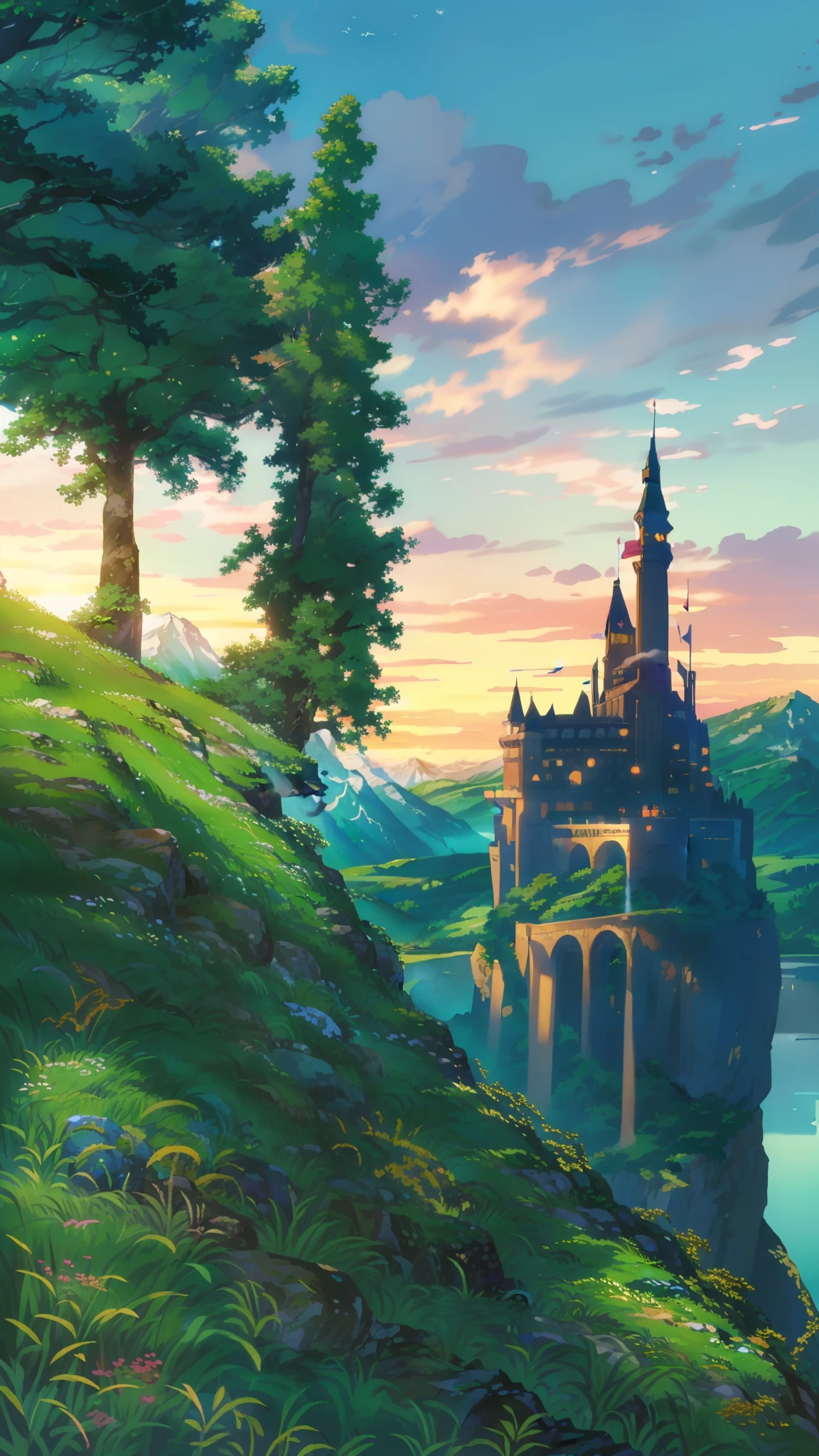 a close up of a castle on a hill with a river in the background, detailed scenery, anime landscape, gorgeous scenery, anime countryside landscape, distant village background, an epic landscape, beautiful screenshot, castle background, beautiful anime scenery, a beautiful landscape, beautiful scenery, light kingdom backdrop, stunning scenery, beautiful environment, anime scenery, lush scenery, castle in distance