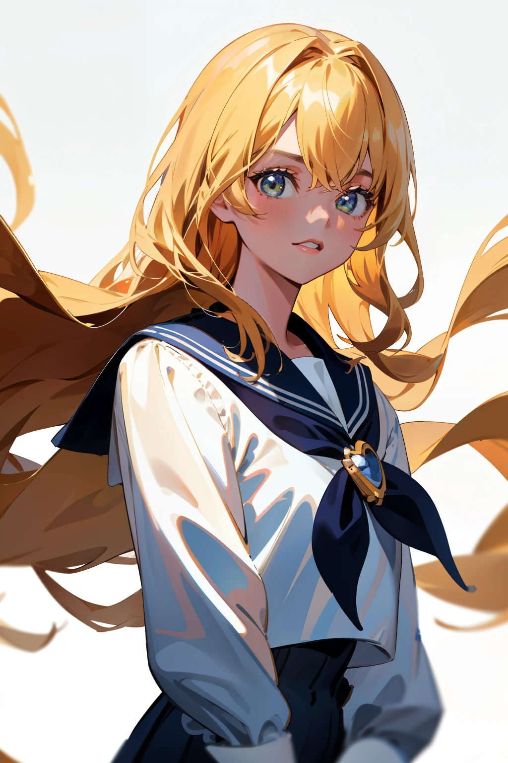 8K、highest quality、highest quality、masterpiece、very detailed: 1.2)、1 girl、Upper body、women are (margot robbie) Similar to、sailor suit、sailor suitを着ている、shy、front composition、real face、blonde hair、blonde、Painted from head to waist、Facing straight、Upright and motionless、long hair、long hair、The background is the schoolyard、long sleeve