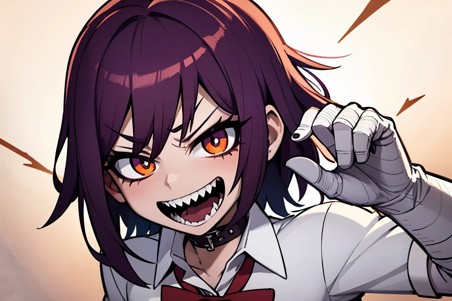Anime image of a girl with spiky purple hair, pale white skin, she wears a school uniform, her mouth is full of very sharp teeth and she laughs sadistically, her hands are bandaged and she has an electric collar on her neck. 