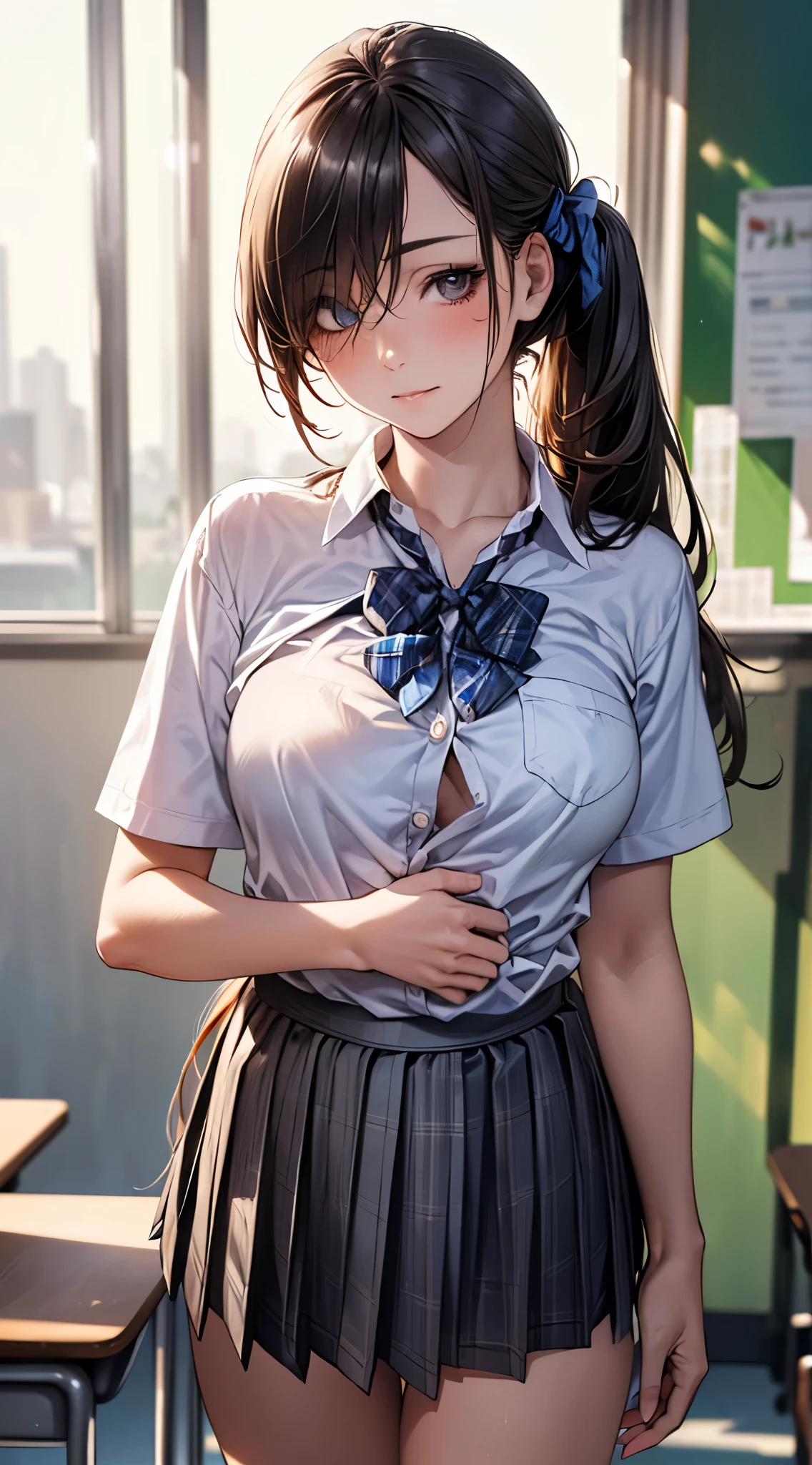 (masterpiece:1.2, top-quality), (realistic, photorealistic:1.4), beautiful illustration,
looking at viewer, full body, front view:0.6,
1 girl, japanese, high school girl, (long hair:1.5), blown hair, (side ponytail), hair over one eye, large breasts:0.8,
beautiful hair, beautiful face, beautiful detailed eyes, beautiful clavicle, beautiful body, beautiful chest, beautiful thigh, beautiful legs, beautiful fingers,
(beautiful scenery), school,
((collared short sleeve shirt, white shirt, school uniform, grey plaid pleated skirt, blue plaid bow tie)), white panties,
(standing, , lift up skirt, grab the hem of the skirt, hands on chest, hand between leglush, ,