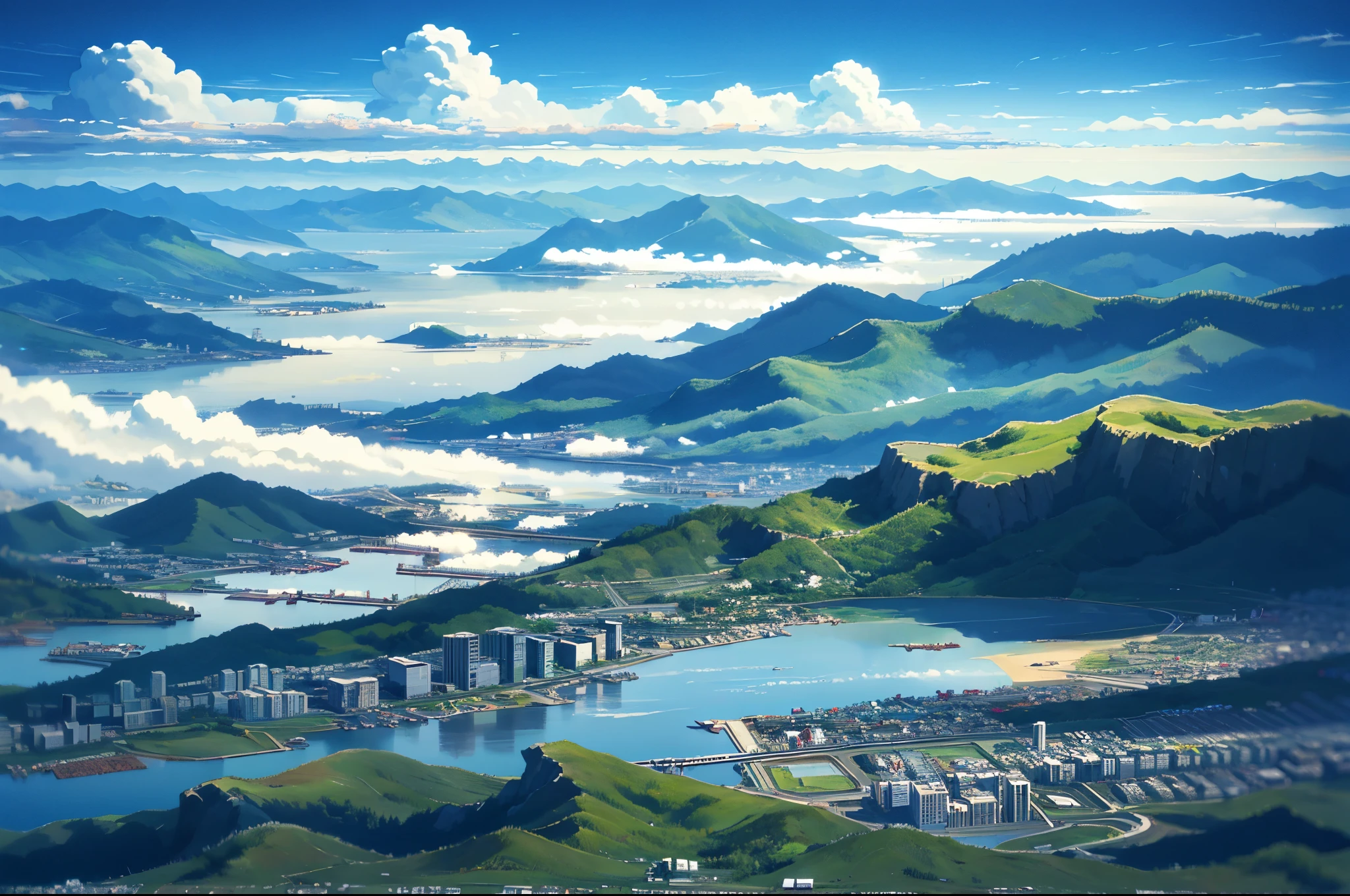 Vast and majestic skyline、The big sky occupies two-thirds of the photo、There a deserted Japan city in the distance