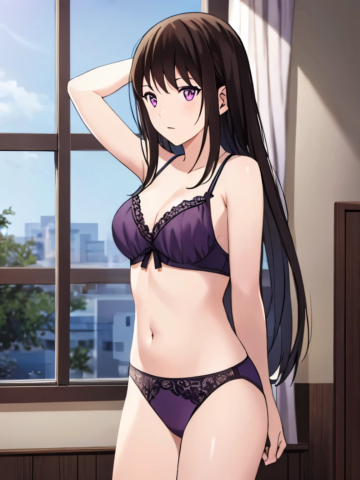 1girl, bangs, black hair, purple eyes, long hair, solo, blush, looking at the viewer, arms up, sexy pose, cute, bedroom, night, lamp, light off, white bra, breast, medium breast, ehite  panties, masterpiece,