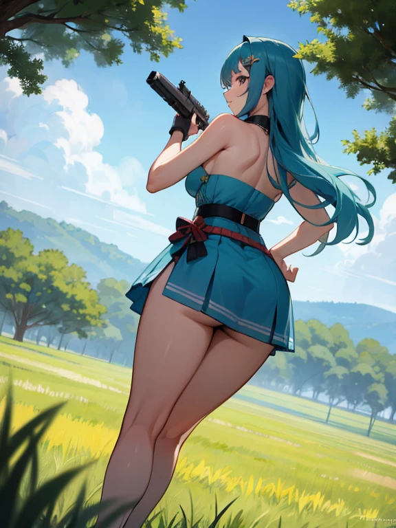 Masterpiece, highly detailed pattern, 2D anime, Japanese style. Bottom view.  .age girl with long blue hair, cute, turning her back, looking back, strapless dress, shorts, holding a gun showing, emphasizing her hips, standing in the grass field in the morning sunlight.