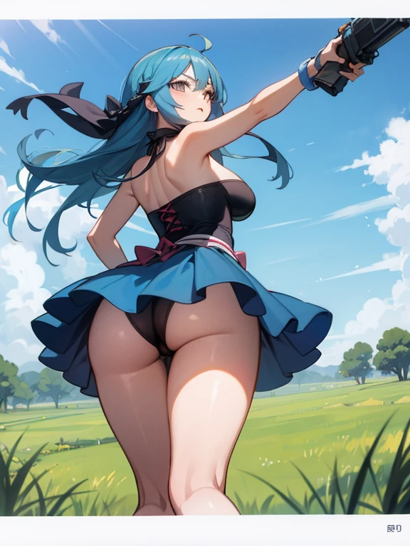 Masterpiece, highly detailed pattern, 2D anime, Japanese style. Bottom view.  . girl with long blue hair, cute, turning her back, looking back, strapless dress, shorts, holding a gun showing, emphasizing her hips, standing in the grass field in the morning sunlight.