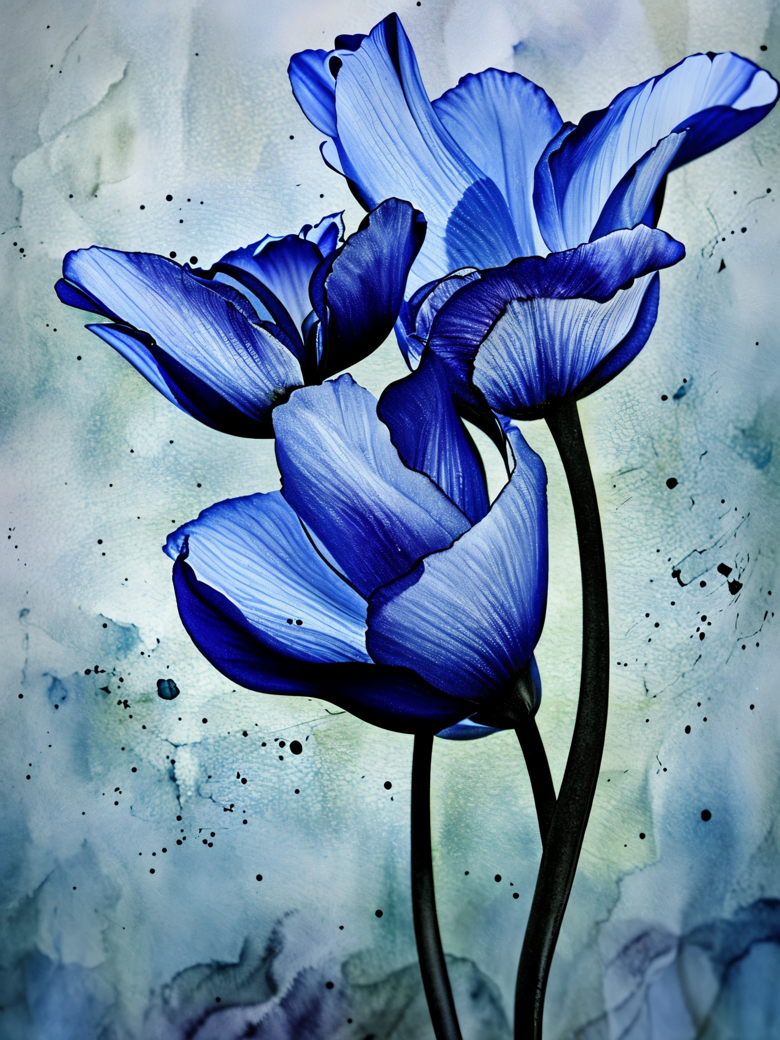 Watercolor blue Tulip Flower Close-up,watercolor ink painting,watercolor painting,Pointillism,Stipple,Imaginative,Dreamlike,Unworldly,Impossible,Exaggerated, Hazy Atmosphere,Enchanting Atmosphere,Enigmatic Atmosphere,Quixel Megascans Render,Unreal engine,high detail,hyper quality,high resolution,16K,close up,beautiful lighting, --style raw --upbeta