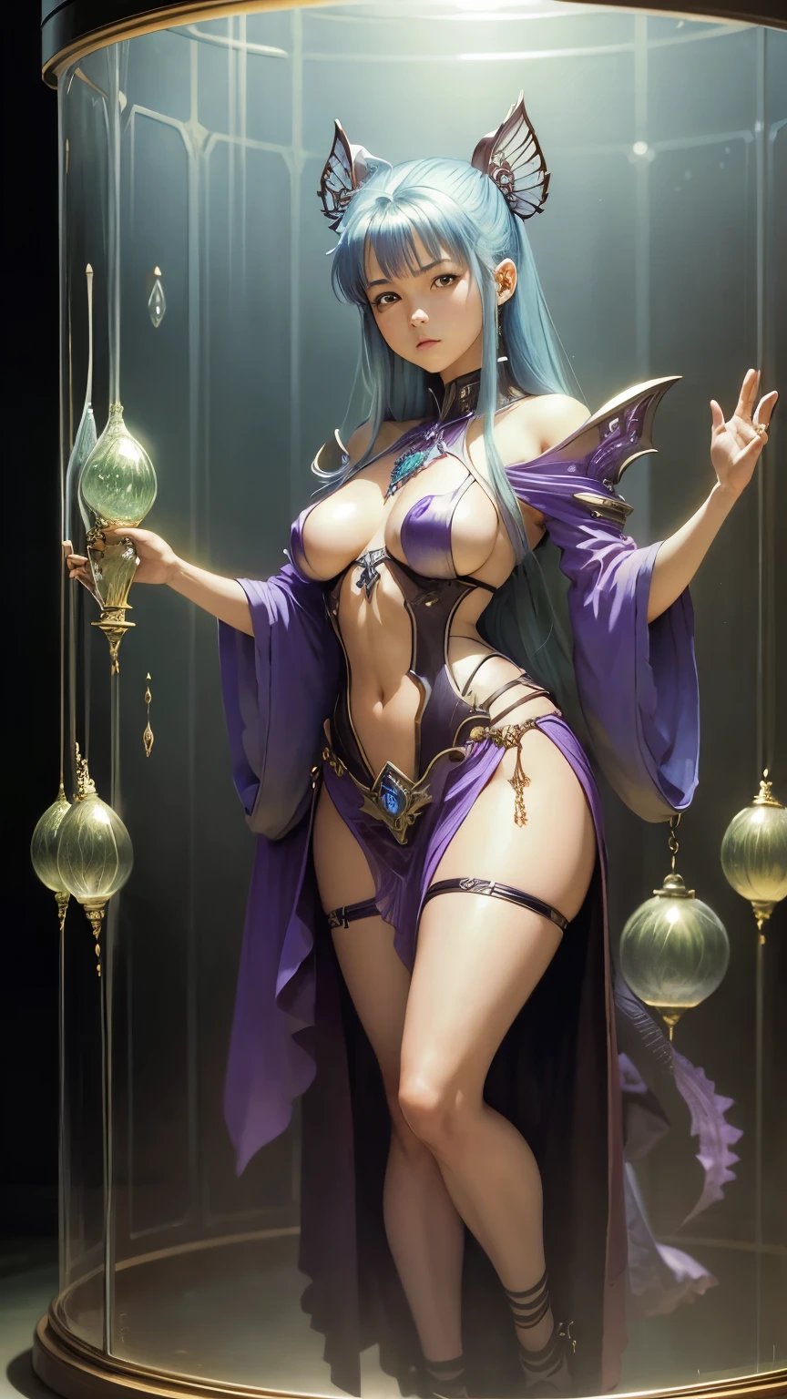 Rodney Matthews, Shigeru Hatsuyama, Surreal, mysterious, strange, fantastical, fantasy, Sci-fi, Japanese anime, glass museum, transparent cage, miniskirt beautiful girl, perfect voluminous body, detailed masterpiece