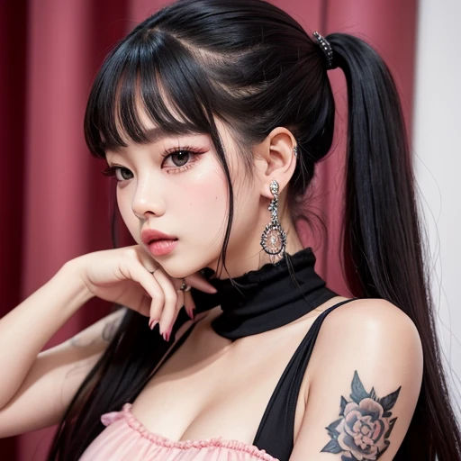 Jennie of blackpink, cute coquette pink outfit, black hair, high quality, gentle features, high pigtail, sexy dress, glam curly hair, tattoo in the neck