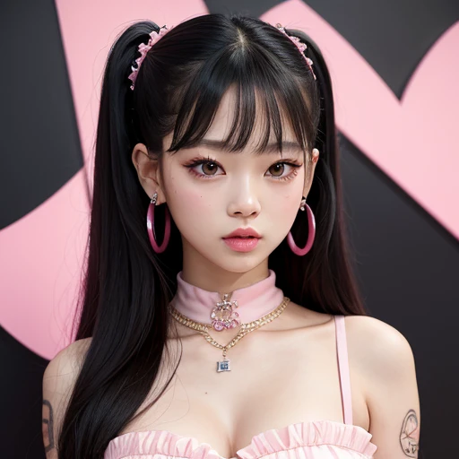 Jennie of blackpink, cute coquette pink outfit, black hair, high quality, gentle features, high pigtail, sexy dress, glam curly hair, tattoo in the neck