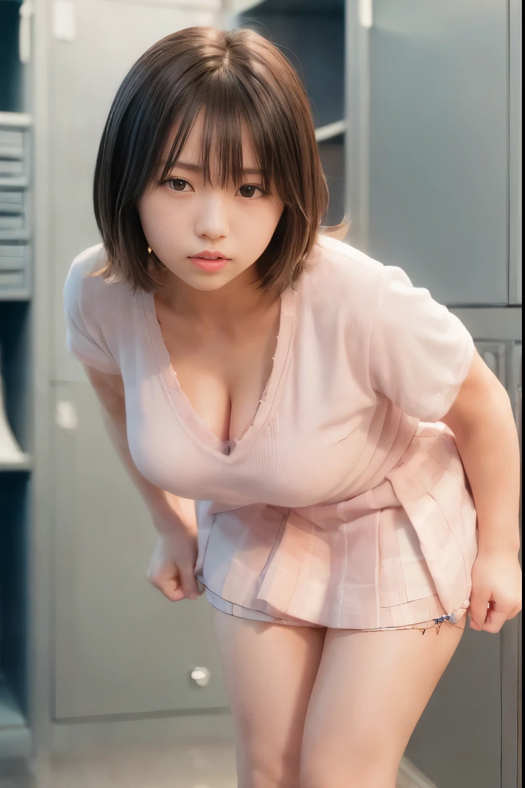 (((perfect anatomy, anatomically correct, super detailed skin))), 1 girl, japanese, 19yo, high school girl, shiny skin, watching the viewer, detailed hair, detailed face, detailed eyes, 2 buns hair, short hair, bangs, light brown hair, loli face, thin smile, beautiful clavicle, beautiful body, beautiful breasts, large breasts:0.5, beautiful thighs, beautiful legs, camel toe, ((detailed cloth texture, short sleeves, all cute sailor suit, pleated skirt, sailor collar, sailor scarf, socks, brown loafers)), seductive thighs, ((ashamed, scared, tears:0.0, half-open mouth)), standing, (((leaning forward), undressing, raise one leg, light pink panty pull)), (beautiful scenery), summer, school, locker room, (8k, top quality, masterpiece​:1.2, extremely detailed), (realistic, photorealistic:1.4), beautiful illustration, natural lighting,