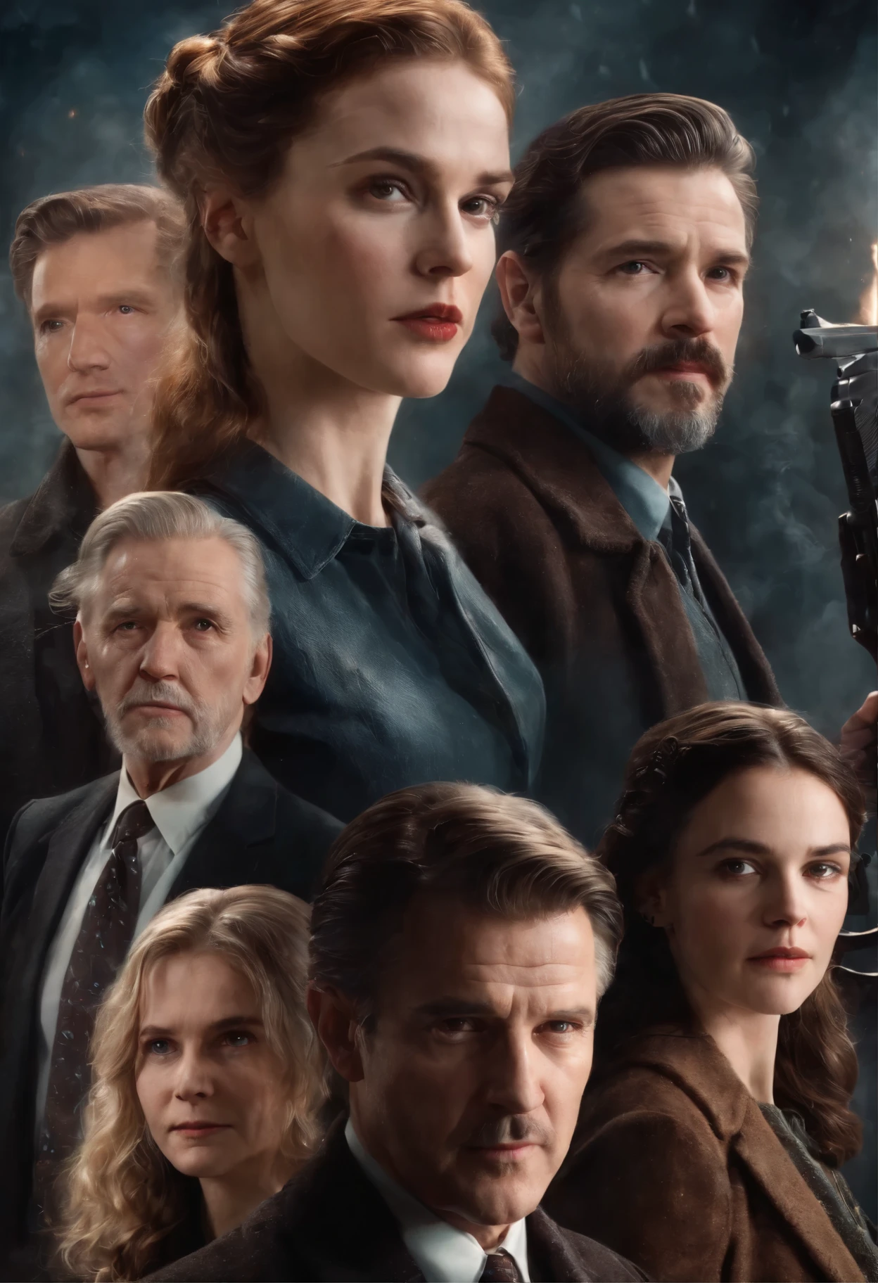 poster depicting a group of people with guns and a man with a beard, detailed 4k horror artwork, The Art of Cinemawork, blockbuster The Art of Cinema, inspired by John Carpenter, Movie poster, The Art of Cinema, Illustration for the film, bestselling The Art of Cinema poster, drew struzan style art, Twin Peaks Poster, full poster, Rick Baker's Style, based on Drew Struzan