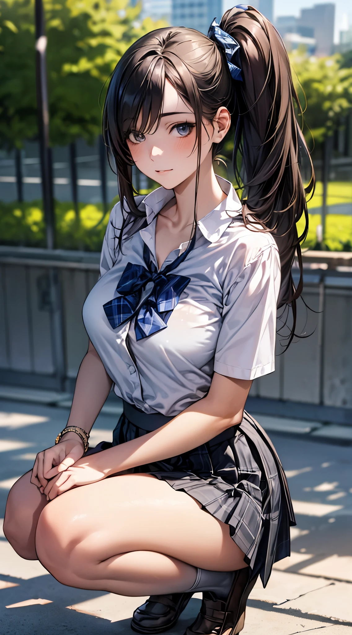 (masterpiece:1.2, top-quality), (realistic, photorealistic:1.4), beautiful illustration, 
looking at viewer, full body, front view:0.6, 
1 girl, japanese, high school girl, (long hair:1.5), blown hair, (side ponytail), hair over one eye, large breasts:0.8, 
beautiful hair, beautiful face, beautiful detailed eyes, beautiful clavicle, beautiful body, beautiful chest, beautiful thigh, beautiful legs, beautiful fingers, 
(beautiful scenery), school,
((collared short sleeve shirt, white shirt, school uniform, grey plaid pleated skirt, blue plaid bow tie)), white panties, 
(squatting, , lift up skirt, grab the hem of the skirt, hands on chest, hand between leglush, ,