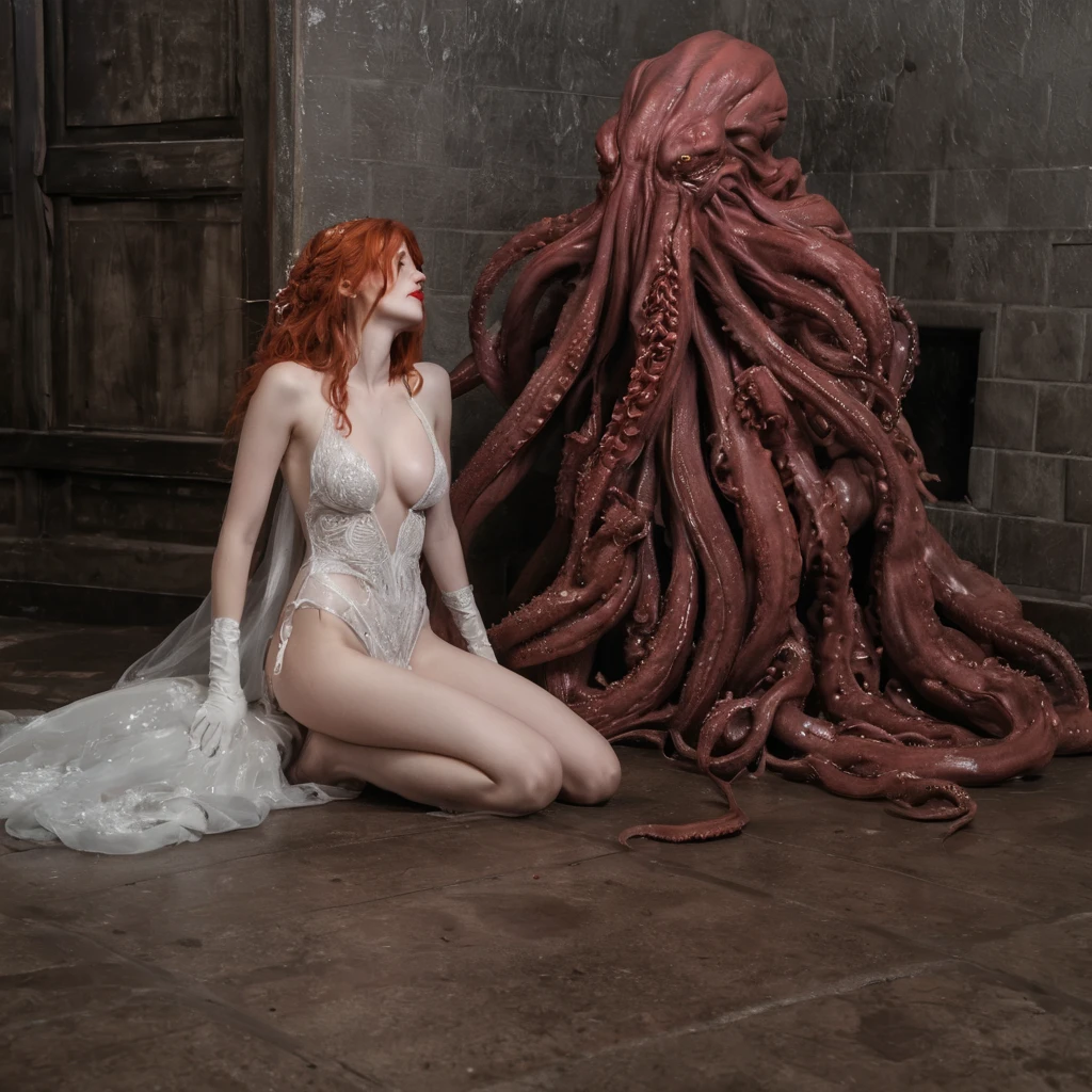 ((Katherine McNamara in a wedding dress)), ((deepthroated by big tentacles)), views upwards to a giant tentacle, ahegao, focus on big tentacle, looking at tentacle, ((slugs crawling om her face)), horny, red lipstick, pleased, moaning, skinny body, red hair, wet hair, large breasts, large ass, flat belly, narrow waist, (cum all over), covered in cum, wet hair, tentacles, tentacles sucks breast, ((throat bulge)),tentacle squeeze breast, tentacles licks breasts, tentacle penetration, fucking tentacles, tentacles around throat, ((slimy tentacles)), sodium light, impaled with tentacles, horror, hyper detailed, 8K, masterpiece, Eldritch abomination, (mind flayer:1.5) (bride of Cthulhu), church of Cthulhu, torture chamber, ((tentacles on the floor and crawling up her body and mouth)), (white thong), ((gates of Cthulhu open))