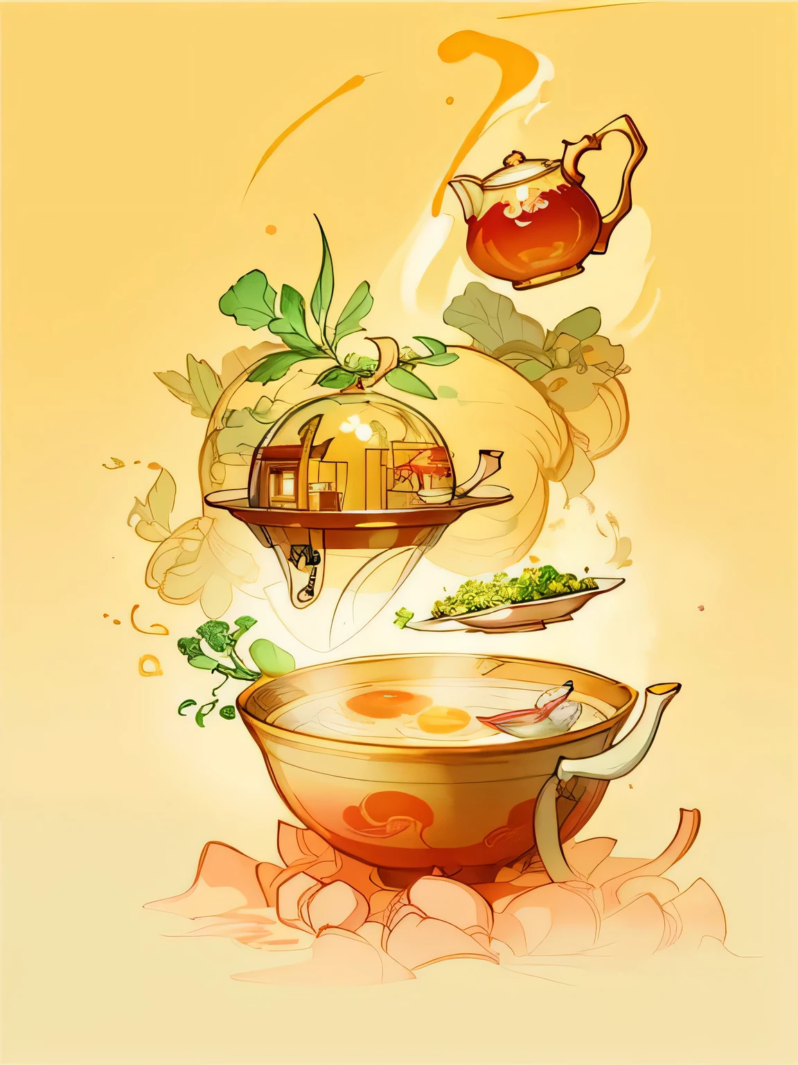 Illustration of a bowl of soup with teapot and teapot, A beautiful artistic illustration, Chinese watercolor style, Amazing food illustration, Very coherent stylized artwork, by Qu Leilei, stylized painting, Stylized digital illustration, Beautiful digital artwork, stylized digital art, author：Li Song, Concept art illustration, Concept art digital illustration, digital painting art，More tea elements