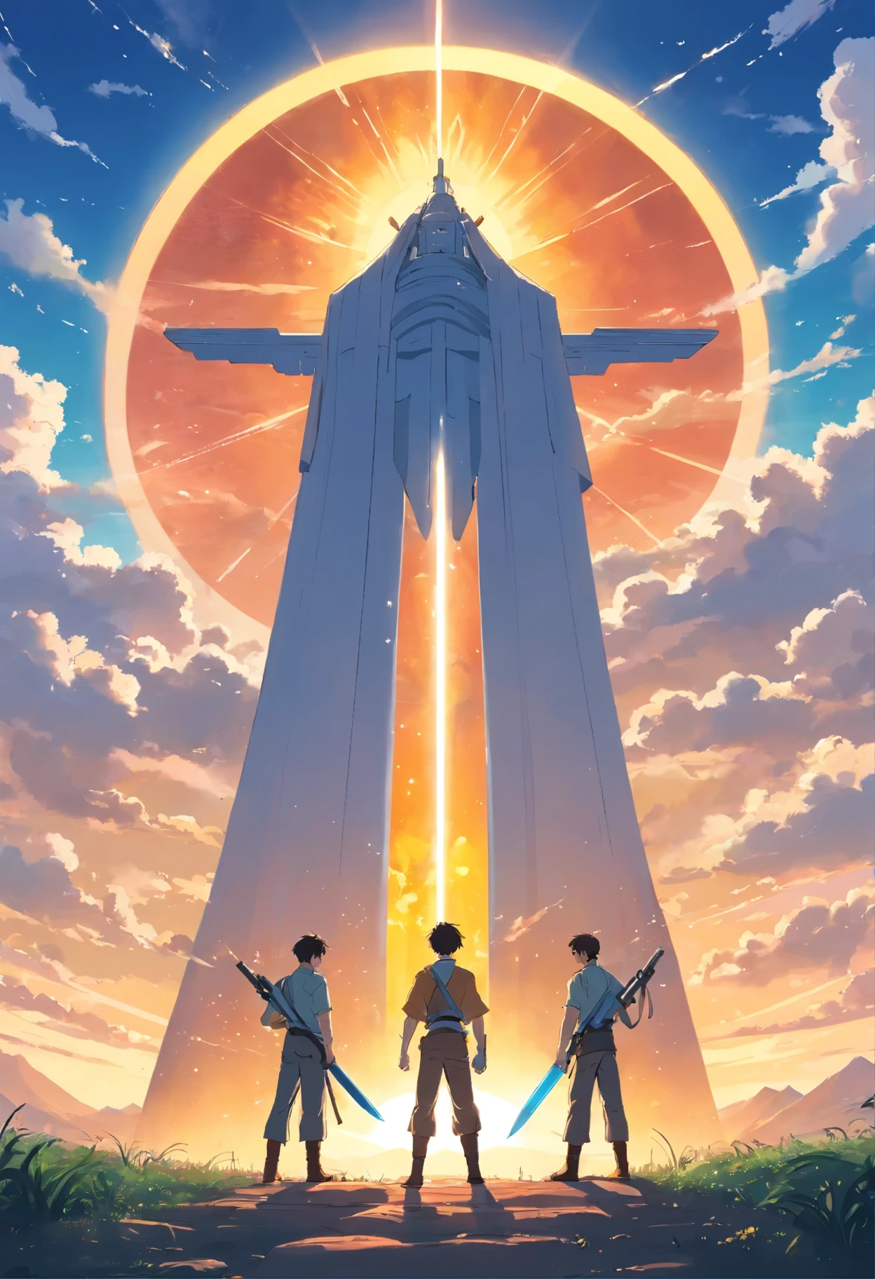 picture, in which three men with weapons stand in front of the sun, inspired by John Brown, Clint Eastwood's film style, headquarters, Graphic novel "The Prophet", Official registration, cover art фильма, Martin then, from this thing, country lovecraft, poster, Doc Savage, textless, A24, cover art, HD works, film key art, key art