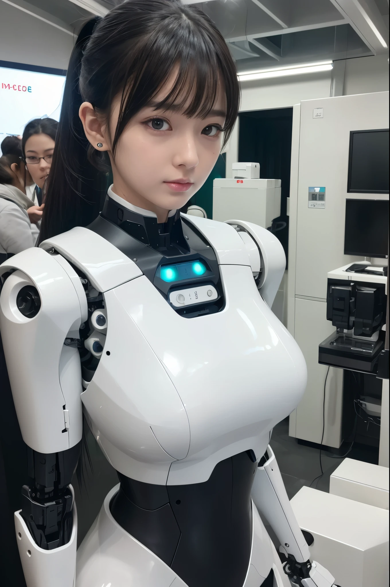 (photorealistic:1.4), (RAW photo)masutepiece, Best Quality, Extremely detailed, (Photorealistic:1.4), (8K, 4K, Best Quality, hight resolution, 超A high resolution:1.1), 8K portrait,1girl in, Japaese android gid,Plump , announcer,control panels,android,Droid,Mechanical Hand, ,Robot arms and legs, Black hair,Mechanical body,Blunt bangs,White Robotics Parts,perfect robot woman,Charging spot,Long Tube,A thick cable was connected to her neck,ceramic body ,Mechanical body, mechanical ear covers,android,robot humanoid,a bit chubby,panty,full eyes,perfect mechanical body,white robotics body,future laboratory,android factory,mechanical ear cover,white and aqua uniform,costume with aqua accents,perfect cyborg girl,low ponytail(low ponytail:1.4),