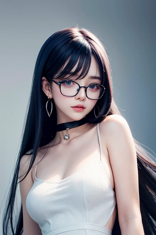 8k wallpaper, masterpiece, movie lighting, highest quality, figure, elevation angle, ((color: 1.1)), ((color inner hair: 1.4)), 1 girl, alone, long hair, water, blue eyes, black glasses, choker, parted lips, white choker, liquid hair, black hair, bangs, from ~ side, ~ side, Upper body, simple background, 灰colorの背景, bare shoulders, portrait, looking at the audience, white dress, hair between eyes, 白colorの背景, earrings,