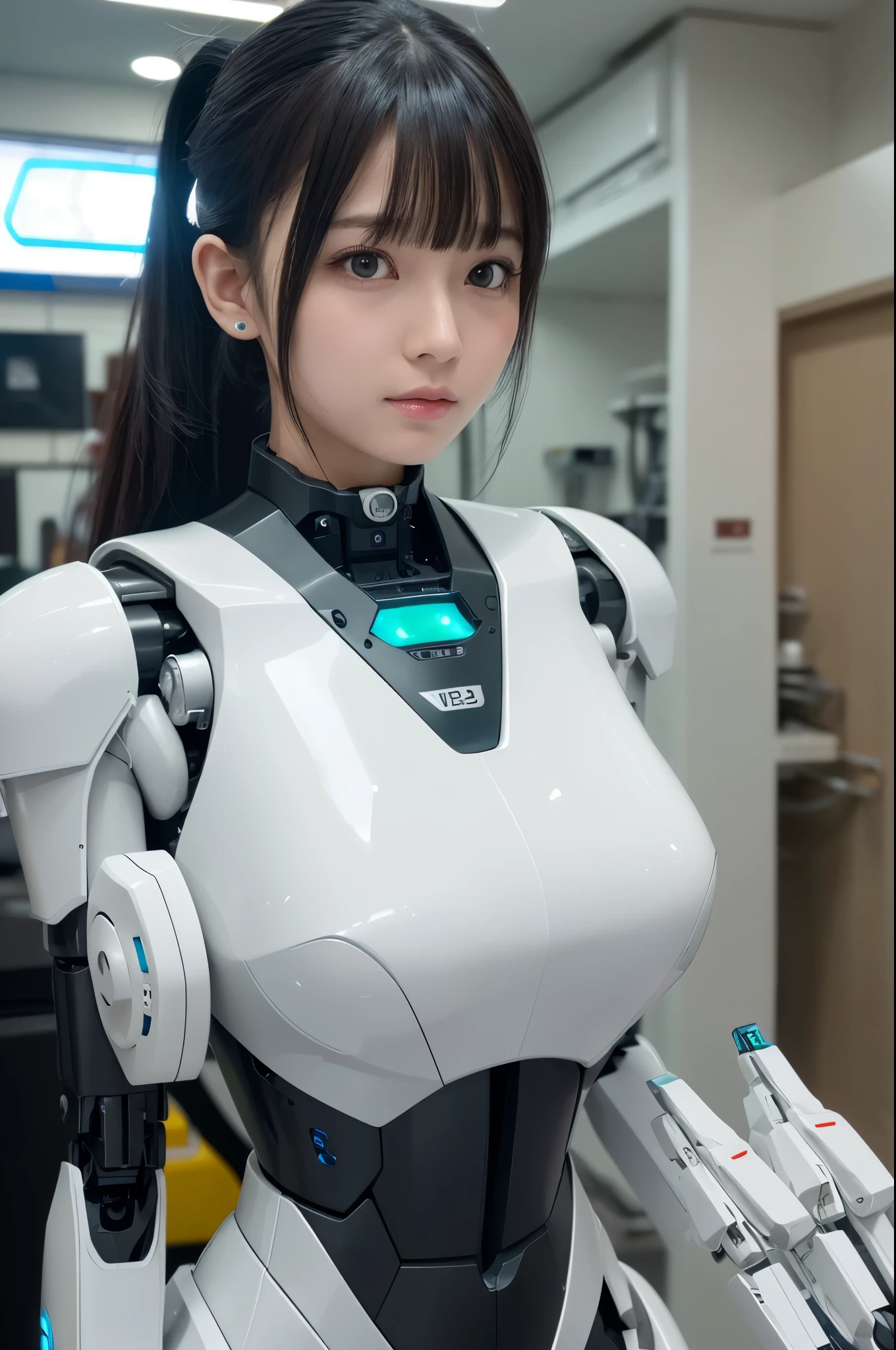 (photorealistic:1.4), (RAW photo)masutepiece, Best Quality, Extremely detailed, (Photorealistic:1.4), (8K, 4K, Best Quality, hight resolution, 超A high resolution:1.1), 8K portrait,1girl in, Japaese android gid,Plump , announcer,control panels,android,Droid,Mechanical Hand, ,Robot arms and legs, Black hair,Mechanical body,Blunt bangs,White Robotics Parts,perfect robot woman,Charging spot,Long Tube,A thick cable was connected to her neck,ceramic body ,Mechanical body, mechanical ear covers,android,robot humanoid,a bit chubby,panty,full eyes,perfect mechanical body,white robotics body,future laboratory,android factory,mechanical ear cover,white and aqua uniform,costume with aqua accents,perfect cyborg girl,low ponytail(low ponytail:1.4),