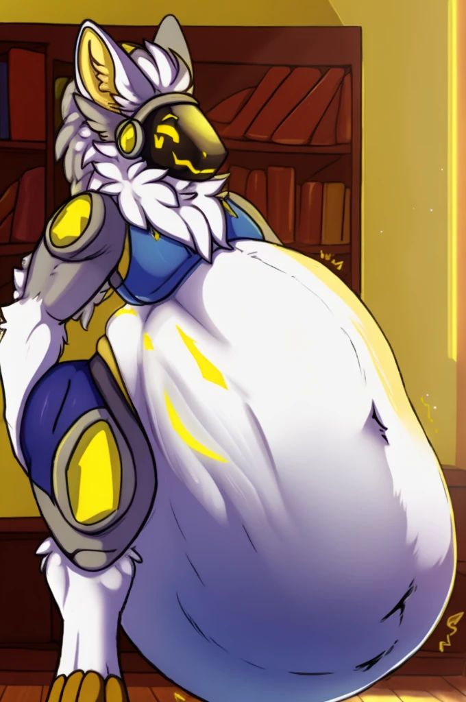 muscular Female Protogen wearing gym clothing, has white fur, has yellow mechnical parts, has yellow eyes, fat, overweight, massive belly, vore, large stomach