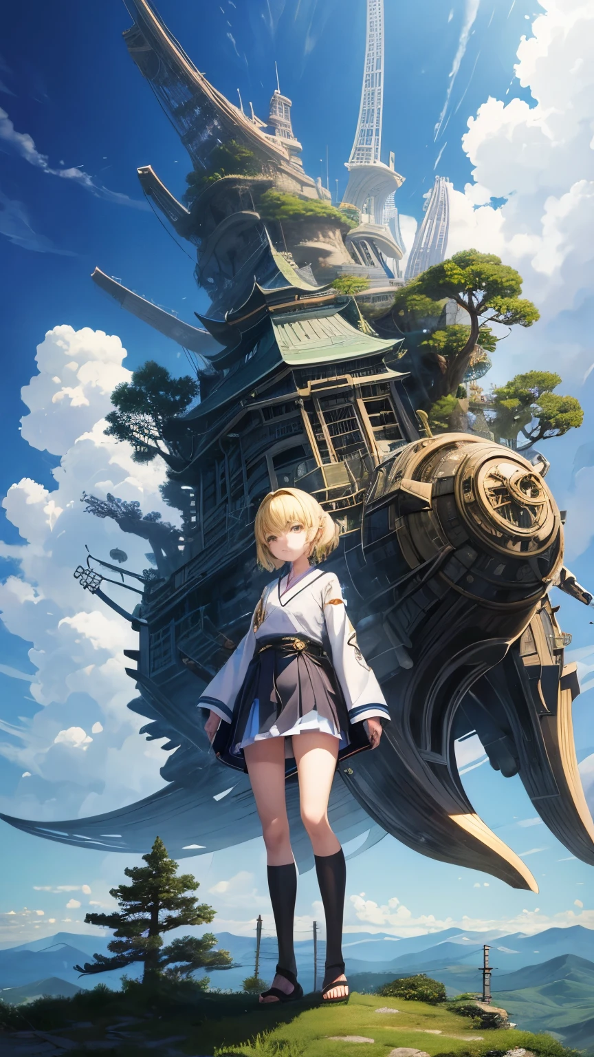 Shirō Kawakami, Davegore, Surreal, mysterious, strange, fantastical, fantasy, Sci-fi, Japanese anime, cloud-making machine, land in the sky, sky octopus taxi, towering space tree, beautiful blonde miniskirt girl Alice, perfect voluminous body, detailed masterpiece