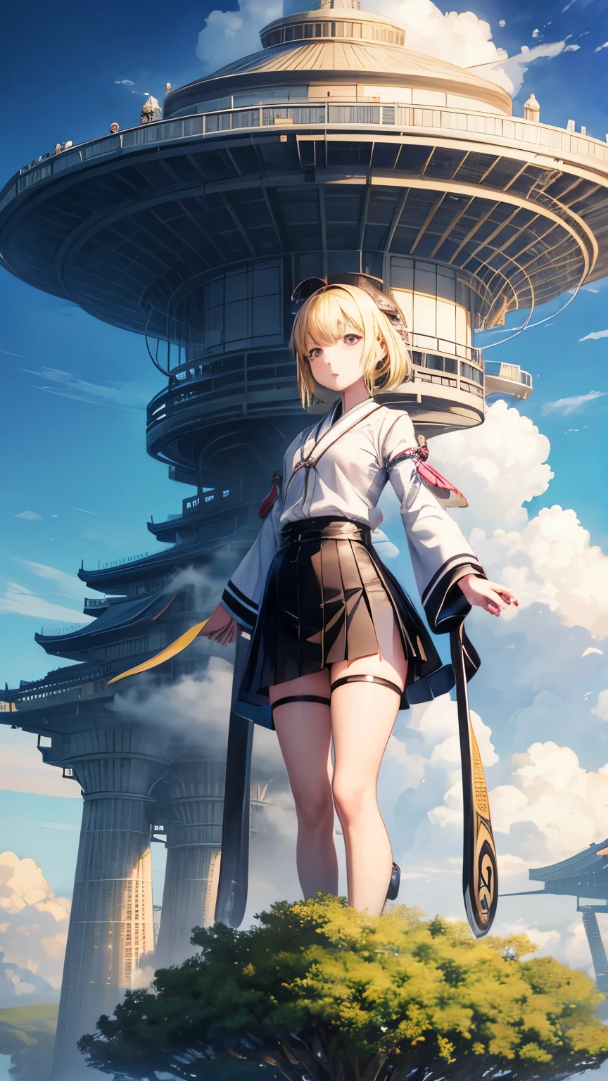 Shirō Kawakami, Davegore, Surreal, mysterious, strange, fantastical, fantasy, Sci-fi, Japanese anime, cloud-making machine, land in the sky, sky octopus taxi, towering space tree, beautiful blonde miniskirt girl Alice, perfect voluminous body, detailed masterpiece