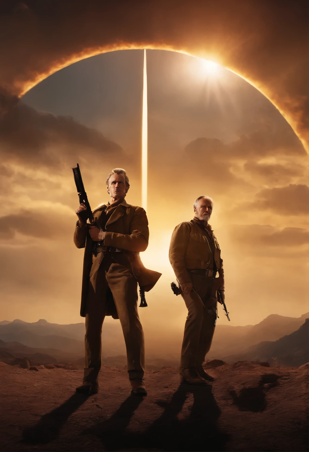 picture, in which three men with weapons stand in front of the sun, inspired by John Brown, Clint Eastwood's film style, headquarters, Graphic novel "The Prophet", Official registration, cover art фильма, Martin then, from this thing, country lovecraft, poster, Doc Savage, textless, A24, cover art, HD works, film key art, key art