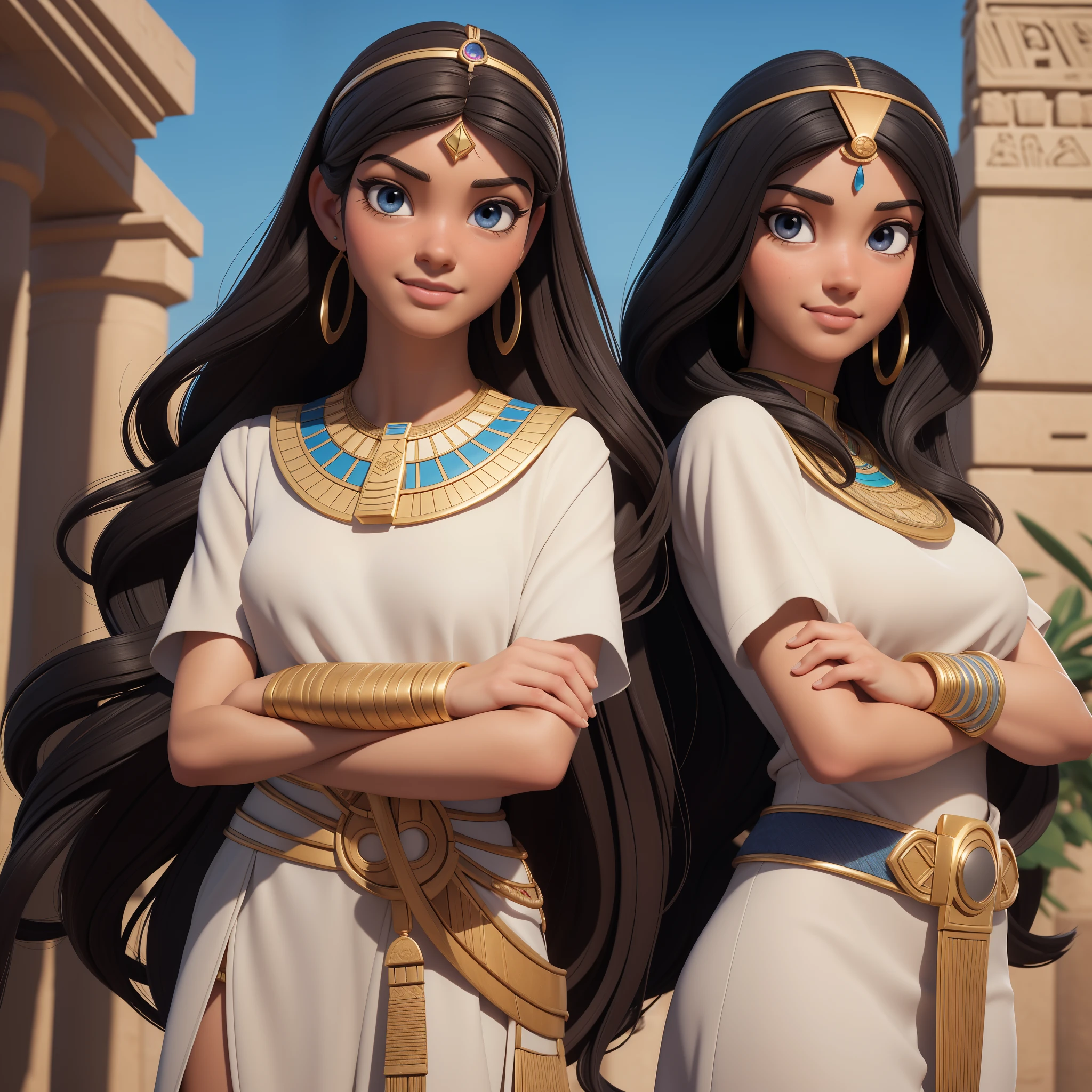 ((Masterpiece, best quality, photography, detailed skin, realistic, photo-realistic, 3D Character Design, pixar, 8k, highly detailed, full length frame, High detail RAW color art, diffused soft lighting, shallow depth of field, sharp focus, hyperrealism, cinematic lighting, close up)); Disney Pixar Movie Poster of 2 girls side by side back to back both crossed arms, one on the left is an ancient egyptian Princess dressed in an elegant white ancient Egyptian dress and the other girl on the right is a modern egyptian girl, she is wearing sunglasses, a shirt and jeans, both their expression that exudes grace and elegance. Focus on capturing their gorgeous long black wavy hair, brunette brownish skin and stunning facial features, beautiful smile, 3d render.

