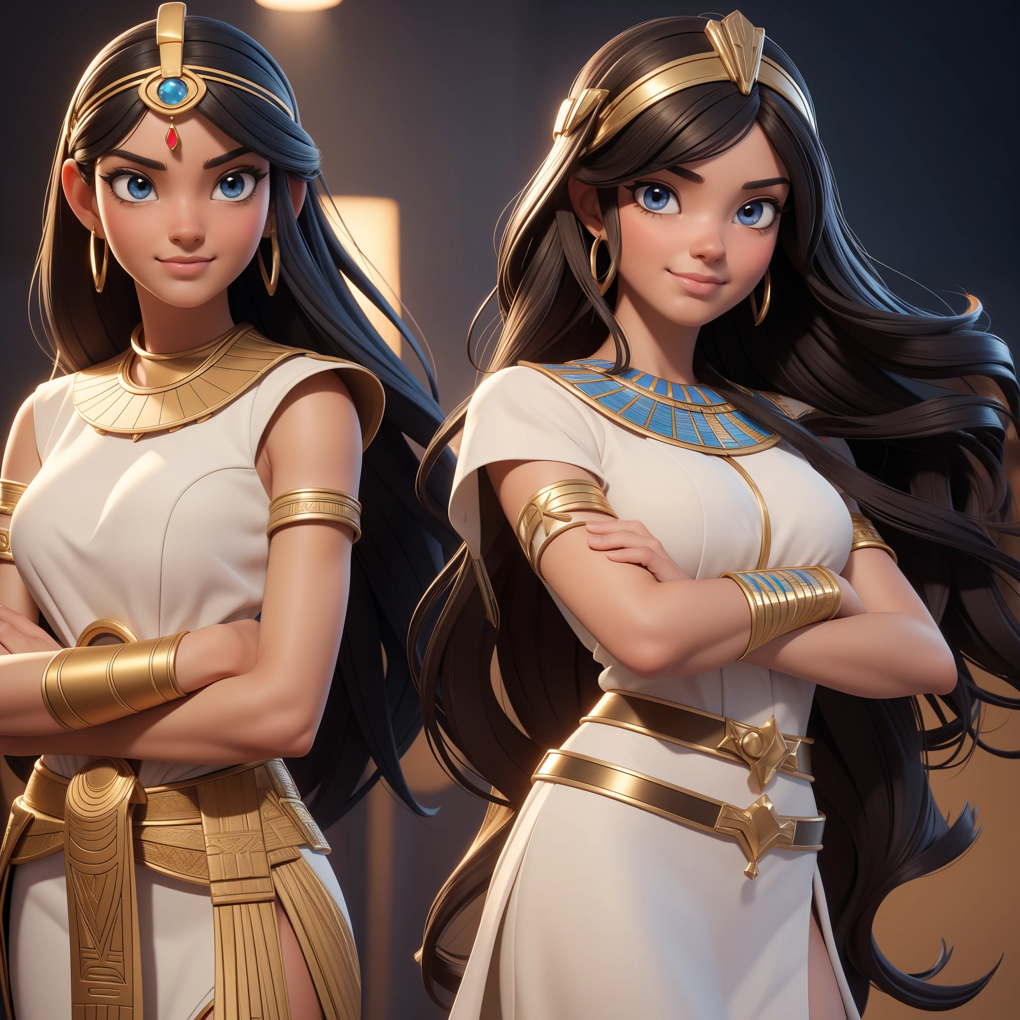 ((Masterpiece, best quality, photography, detailed skin, realistic, photo-realistic, 3D Character Design, pixar, 8k, highly detailed, full length frame, High detail RAW color art, diffused soft lighting, shallow depth of field, sharp focus, hyperrealism, cinematic lighting, close up)); Disney Pixar Movie Poster of 2 girls side by side back to back both crossed arms, one on the left is an ancient egyptian Princess dressed in an elegant white ancient Egyptian dress and the other girl on the right is a modern egyptian girl, she is wearing sunglasses, a shirt and jeans, both their expression that exudes grace and elegance. Focus on capturing their gorgeous long black wavy hair, brunette brownish skin and stunning facial features, beautiful smile, 3d render.