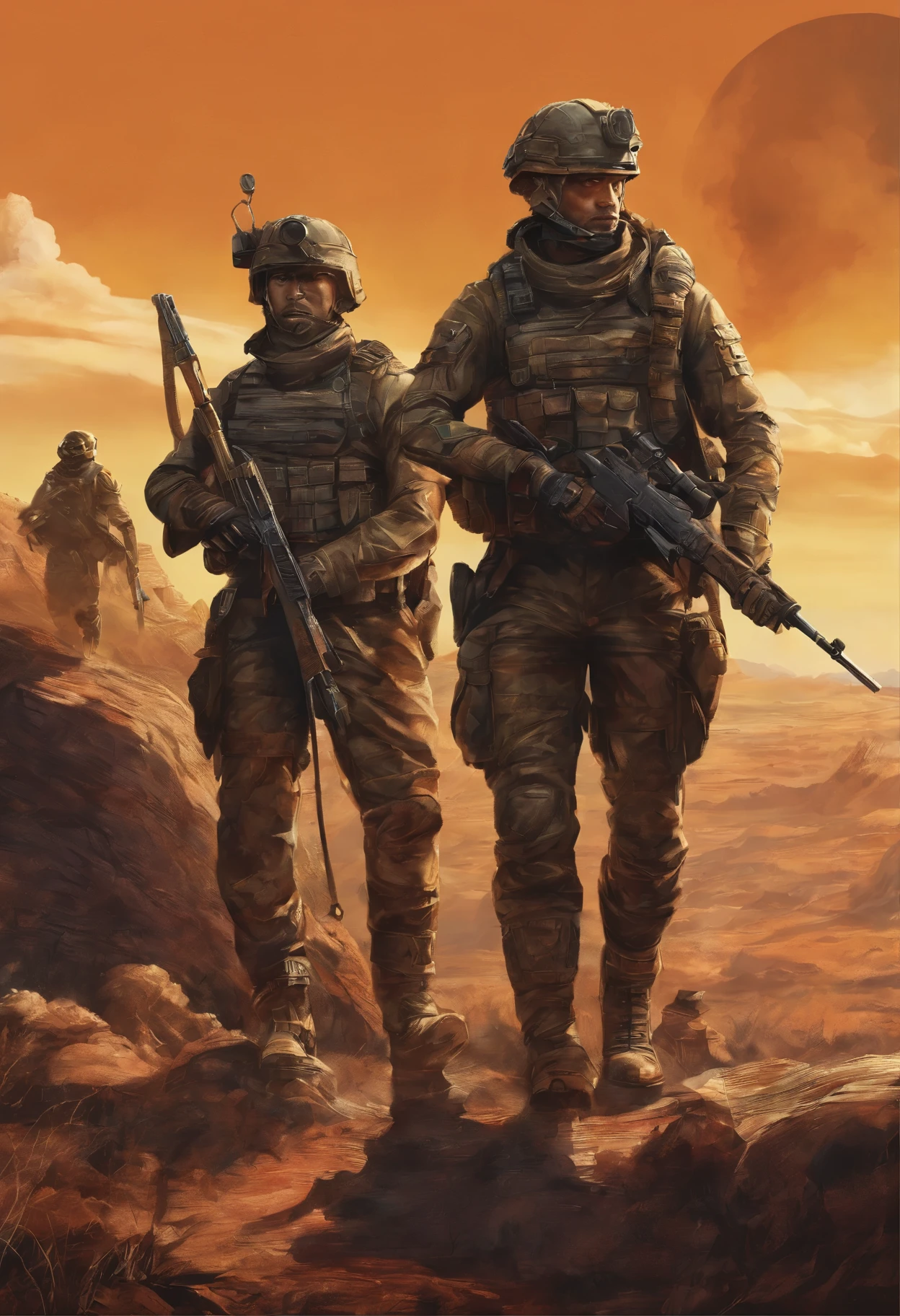 painting of three soldiers, standing on a hill with weapons, amazing d & d dark sun art, blood and Dead soldiers, Dark Sun - Campaign Setup, tactical team in hell, Noriyoshi ocher masterpiece, based on Noriyoshi Ohrai, fallout 5 official art, game cover art, Dead soldiers, Tadeusz Pruszkowski