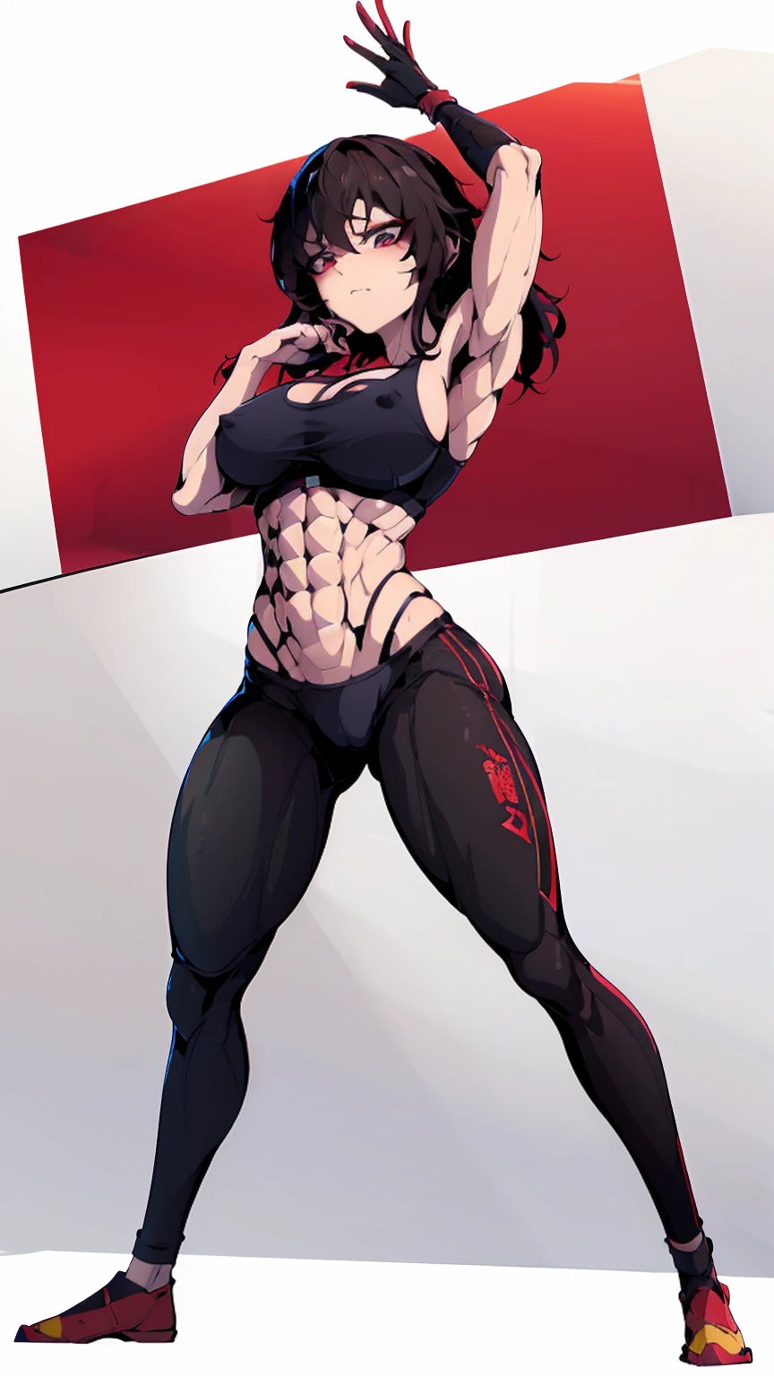 Megumin,adult, six pack abs, muscular arms, red sports bra, black sports leggings, hair short, gym,  big breasts, huhe breast, Bodybuilder Girl, perfect abs, six pack abs, perfect body, standing, simple background 