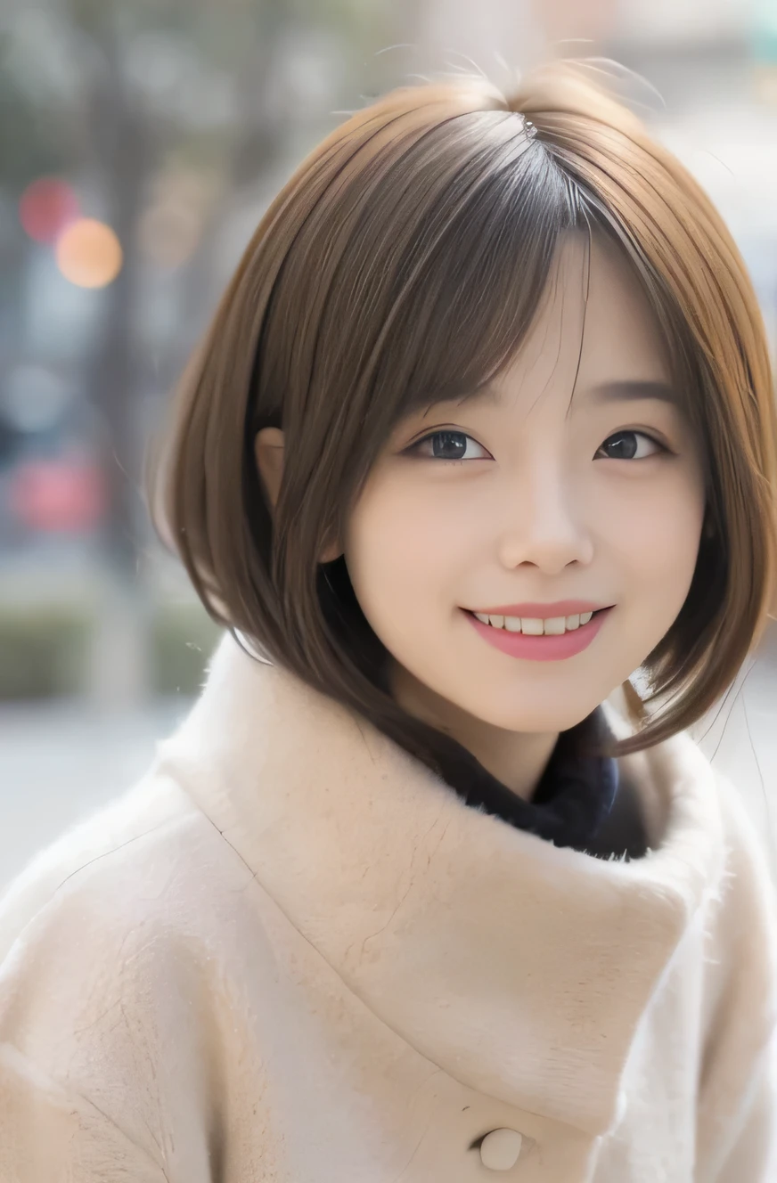 highest quality, Focus on the eyes, soft light, Use reflector to brighten your face, (Depth of bounds written) ,ultra high resolution, (realistic:1.4), RAW photo, (Bokeh:1.4), 1 girl, japanese girl, , detailed face, narrow side, so beautiful, nogizaka girls, female idol, very pretty, alone, cute, (gentle smile :1.3), (smile:1.3), medium sized breasts, brown hair, short bob cut, small nostrils, (looking at the viewer:1.2), Various shooting angles,