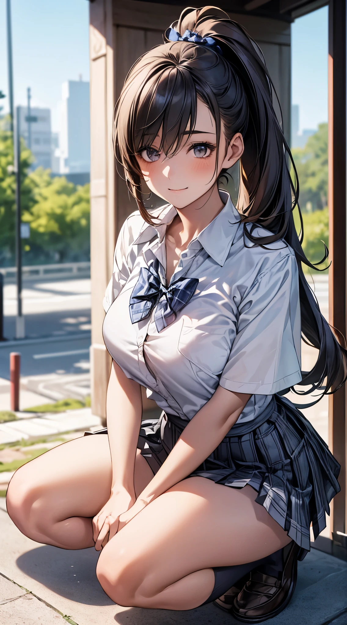 (masterpiece:1.2, top-quality), (realistic, photorealistic:1.4), beautiful illustration,
looking at viewer, full body, front view:0.6,
1 girl, japanese, high school girl, (long hair:1.5), blown hair, (side ponytail), hair over one eye, large breasts:0.8,
beautiful hair, beautiful face, beautiful detailed eyes, beautiful clavicle, beautiful body, beautiful chest, beautiful thigh, beautiful legs, beautiful fingers,
(beautiful scenery), school, outdoors,
((collared short sleeve shirt, white shirt, school uniform, grey plaid pleated skirt, blue plaid bow tie)), white panties,
(squatting, spread legs, liftingskirt myself, hands on chest, hand between leglush, ,