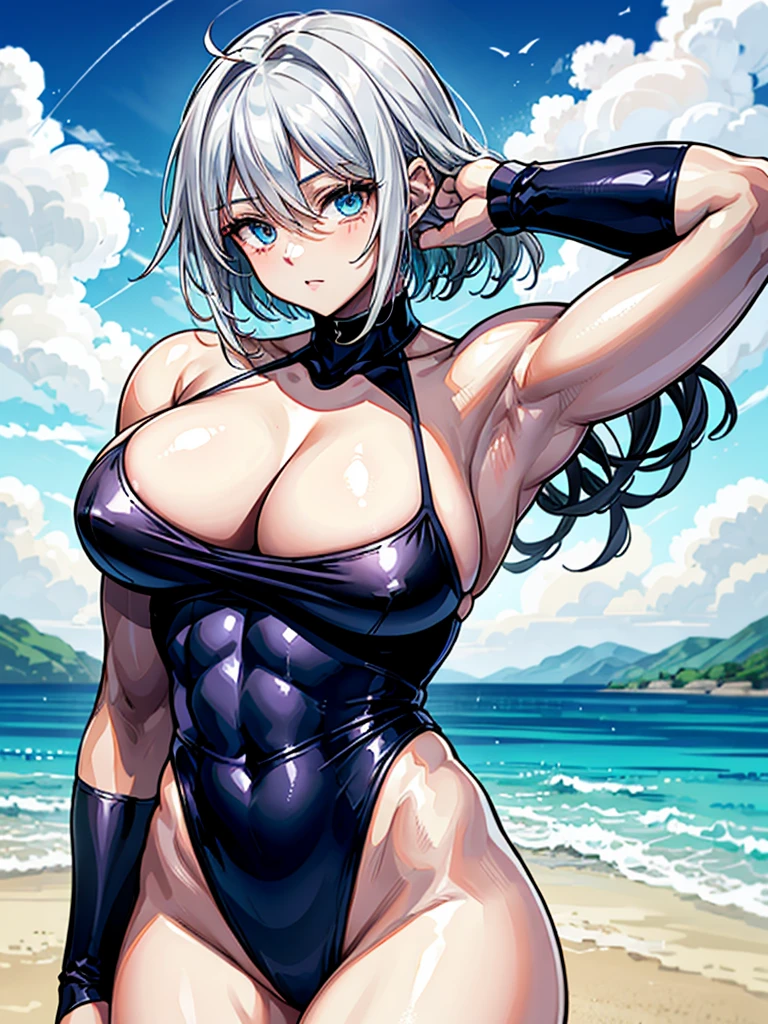 （（（masterpiece、Highest image quality、highest quality、highly detailed unity 8ｋwallpaper）））、（（Illustration of one girl））、（（（beautiful girl）））、（（white hair、short hair、crew cut：1.7、light blue eyes））、（（（stocky build, thickset physique, muscular legs, broad shoulders, solid chest：1.6）））、swimsuit、sandy beach