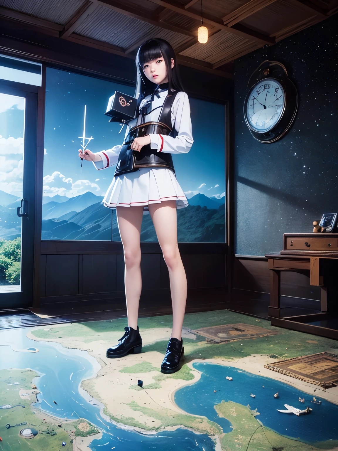 Frank Marsden, Takashi Ito, Surreal, mysterious, bizarre, fantastical, fantasy, Sci-fi, Japanese anime, wind-up taxi, beautiful high school girl in a miniskirt, perfect voluminous body, connection between the inside of the earth and the universe, inside the clock, detailed masterpiece 