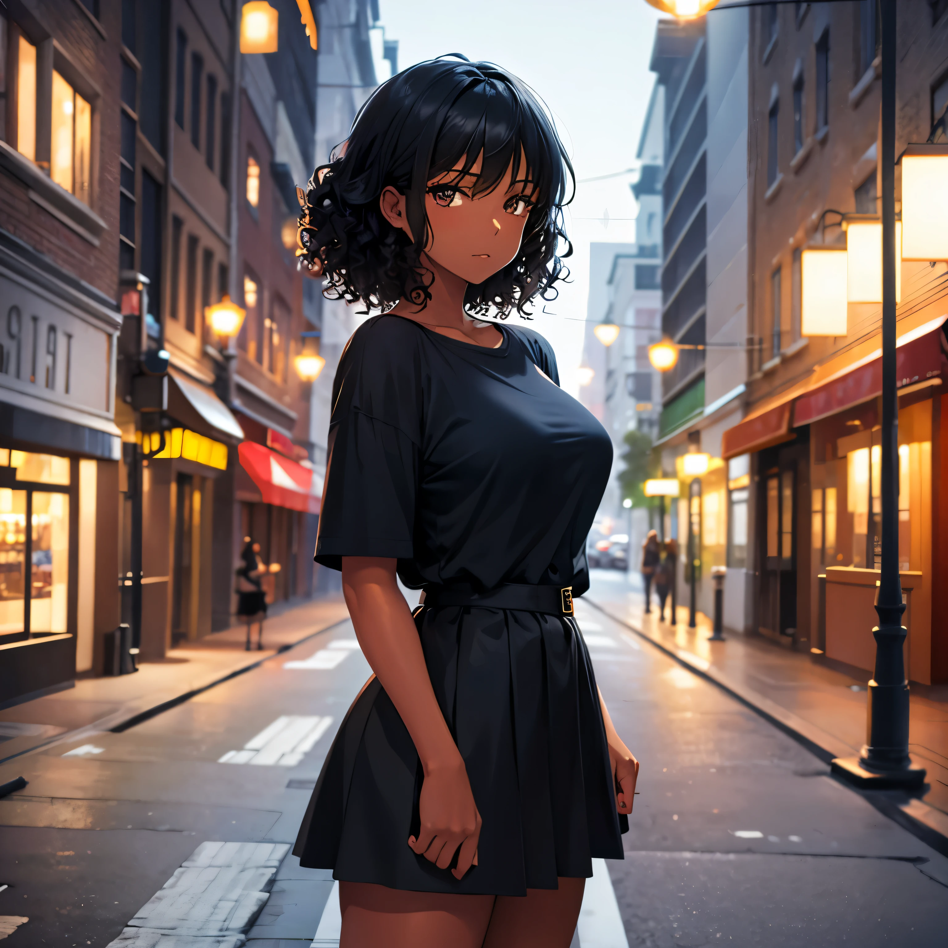 young woman, dark skin, curly hair, black hair, gipsy shirt, mini skirt, dark street, street lights