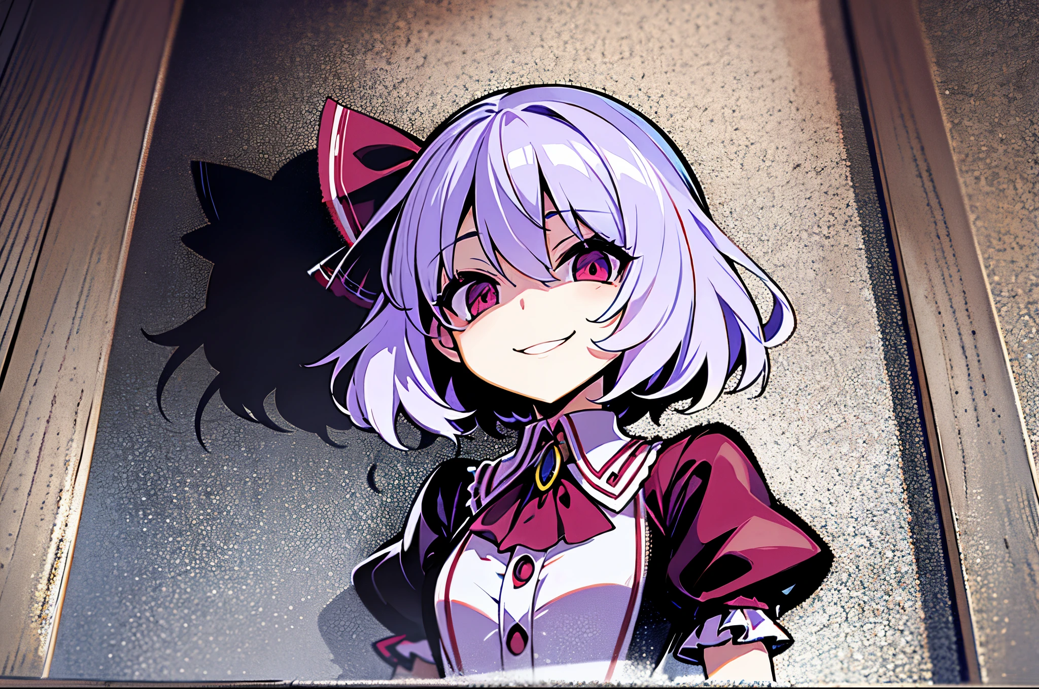 (remilia scarlet)、(Sexy Smile)、evil smile、(shadow of face:1.3)、Dress style shirt、(short sleeve)、petite、1 girl、simple background、look up from below