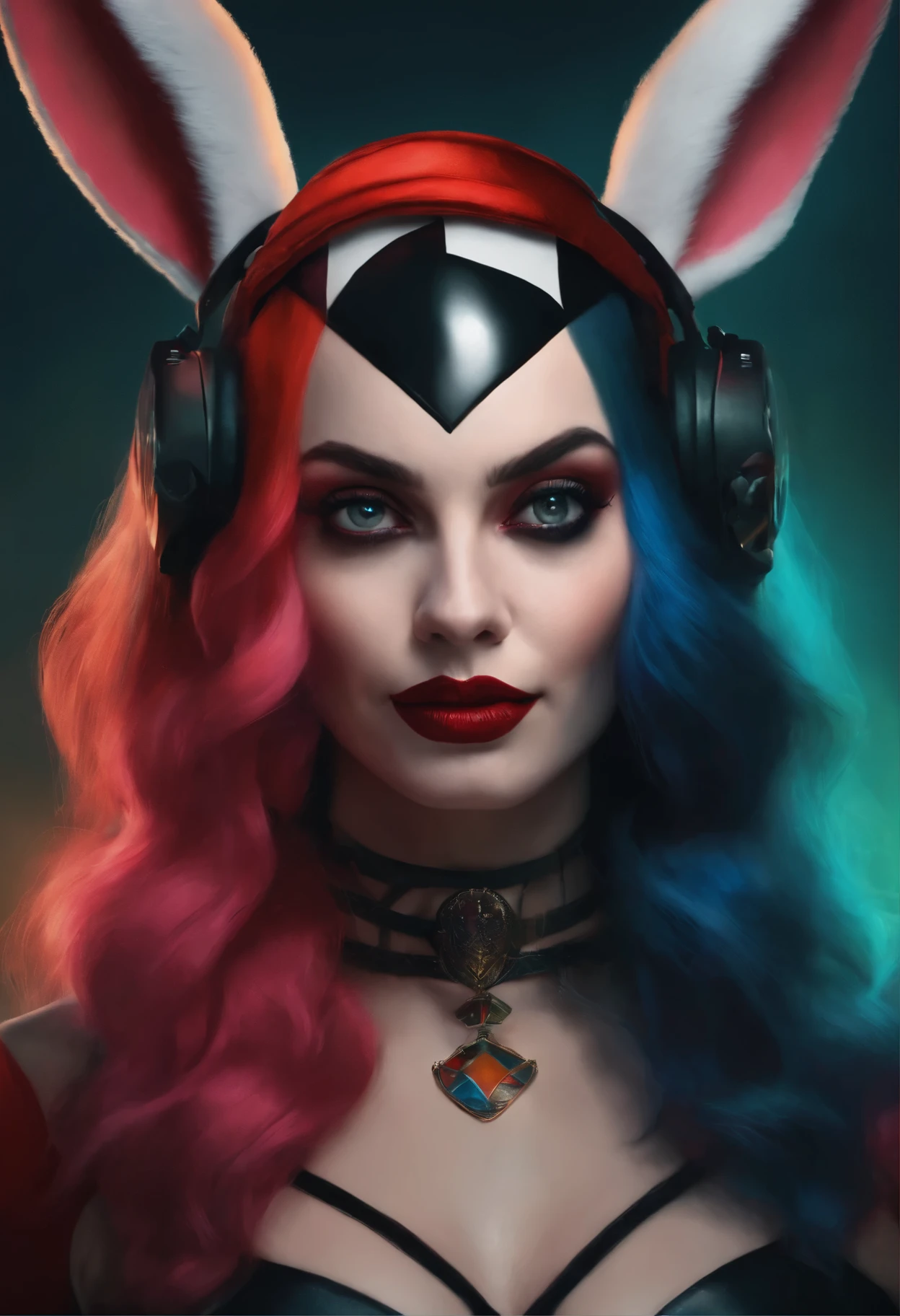 close-up of a woman with a rabbit on her head, of Harley Quinn, portrait of Harley Quinn, Colorful cinematography, Scary color graphics in 4 K, Artgerm Julie Bell Beeple, art of alessandro pautasso, Harley Quinn, by Galen Dara, Martin then, Martin then artwork portrait, Harley Quinn