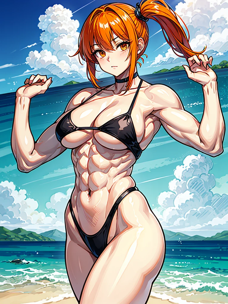(((masterpiece、Highest image quality、highest quality、highly detailed unity 8kwallpaper)))、((Illustration of one girl))、(((beautiful girl)))、((orange hair、side ponytail、sidelocks:1.6、orange eyes))、(((stocky build:1.5, thickset physique:1.6, muscular legs, broad shoulders:1.6, solid chest:1.5)))、swimsuit、sandy beach