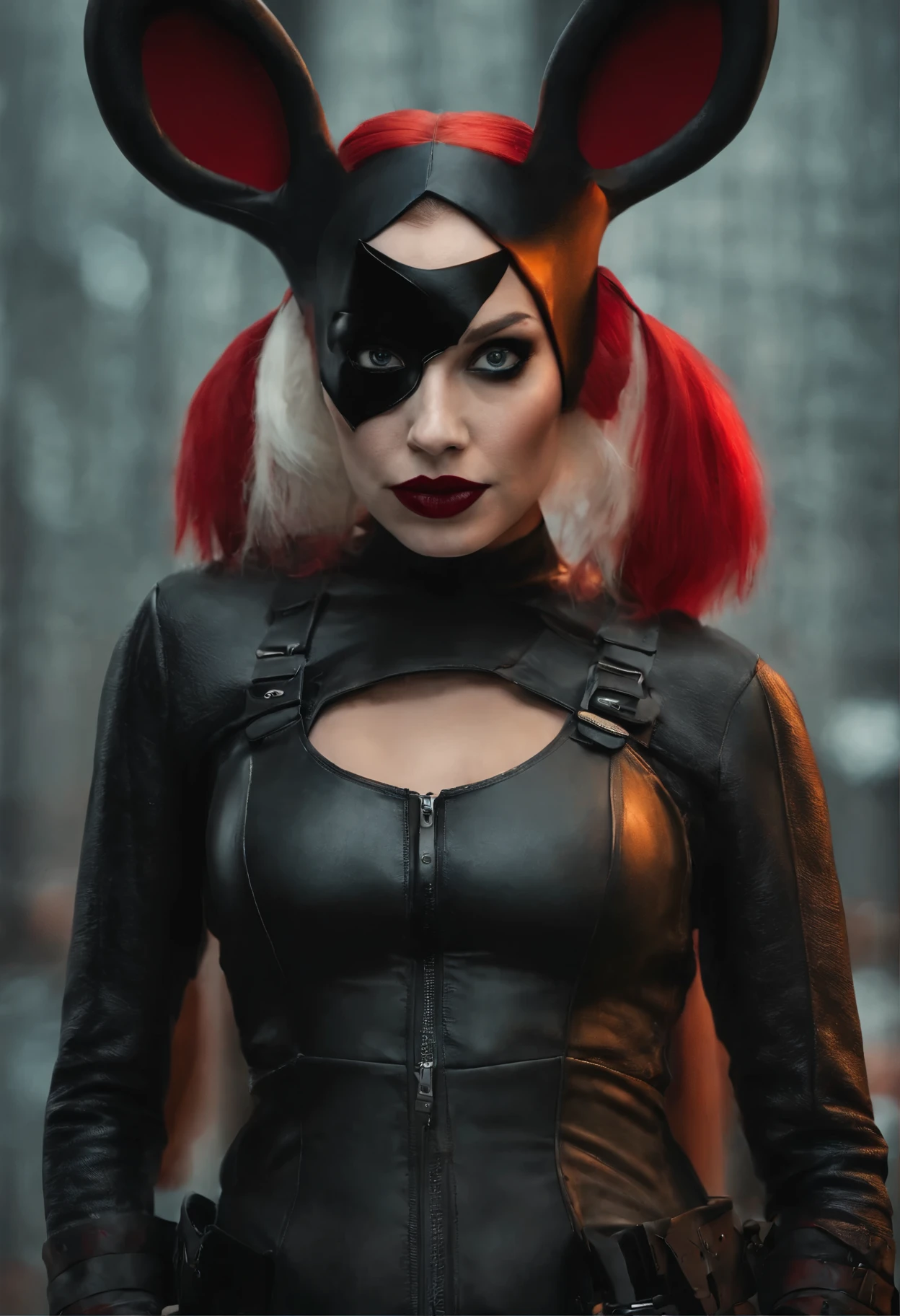 close-up of a woman with a rabbit on her head, of Harley Quinn, portrait of Harley Quinn, Colorful cinematography, Scary color graphics in 4 K, Artgerm Julie Bell Beeple, art of alessandro pautasso, Harley Quinn, by Galen Dara, Martin then, Martin then artwork portrait, Harley Quinn
