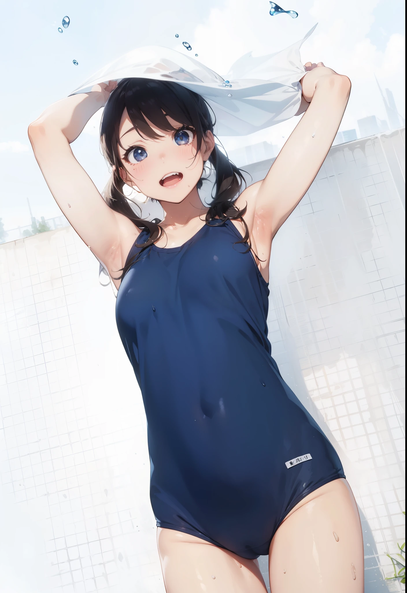 ((highest quality))、((masterpiece))、with a girl、formal up、blonde、blue eyes、Beautifully detailed eyes and face、beautiful skin、realistic、very cute、18-year-old、school swimwear(dark blue color、piping、 design、matte texture、wrinkles、Wet、polyester material、shadow、)Wet body、anime face、beautiful woman、facing the front、Big eyes(beautiful feces、anime face、Clear Aine details beautiful eyes)well-groomed face(beautiful nose、confused、sharp mouth)full of sweat、grass、Wet feeling、With background(clear sky、Take-out)、8K quality、perfect proportions、Slender、blush、female focus, hair ornaments,hair length, look at the audience,Pissing、Peeing、Pee、get wet