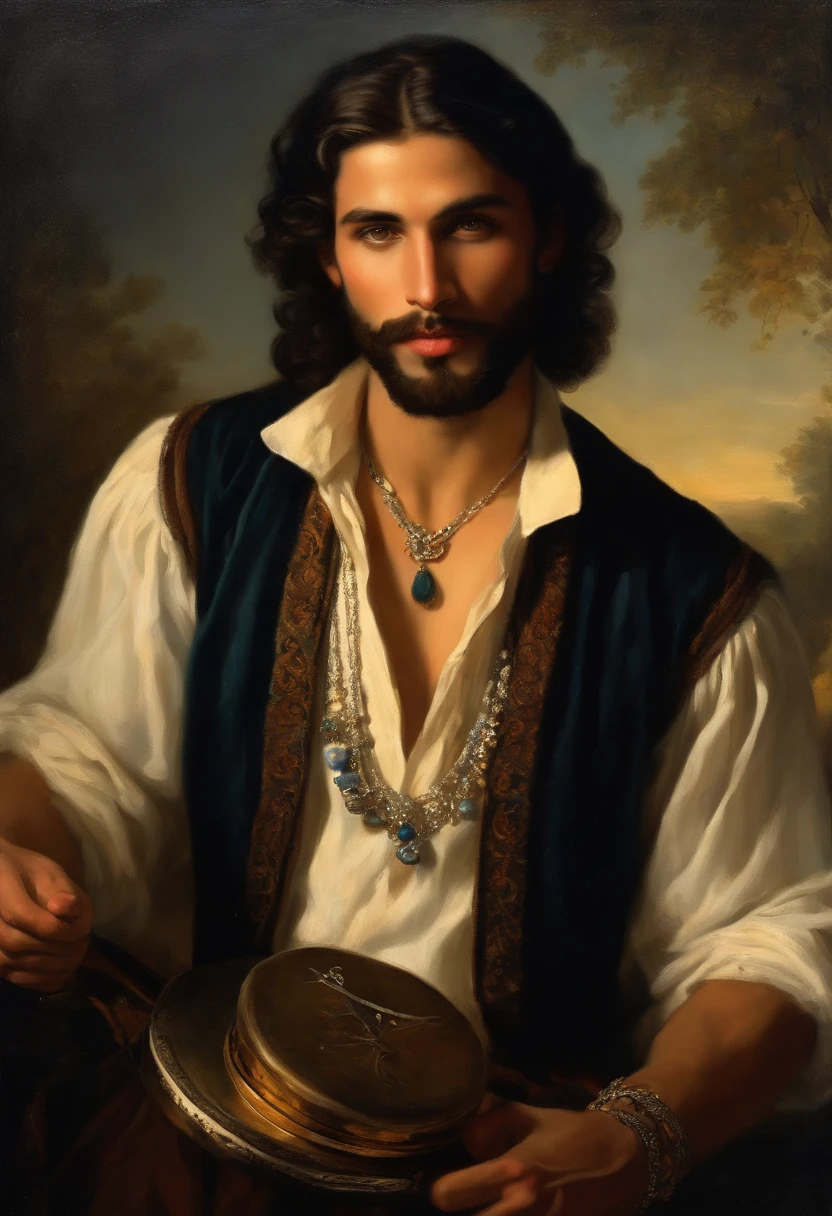 ((Baroque style painting of a young gypsy with a well-groomed beard)) ((man with a rounded and sexy mouth, well-groomed and inviting, strong and masculine face)), perfect as a God, ((the most beautiful man in the world )), earrings and bracelets, handsome and strong young man, sexy and masculine, lascivious and naughty face, dressed in a vest, shirt and pants in the style of the Victorian Era, blue eyes, long, silky, black hair falling over his shoulders, (( looking at camera)), (( playing gypsy tambourine near a fire in a gypsy camp)). Baroque painting