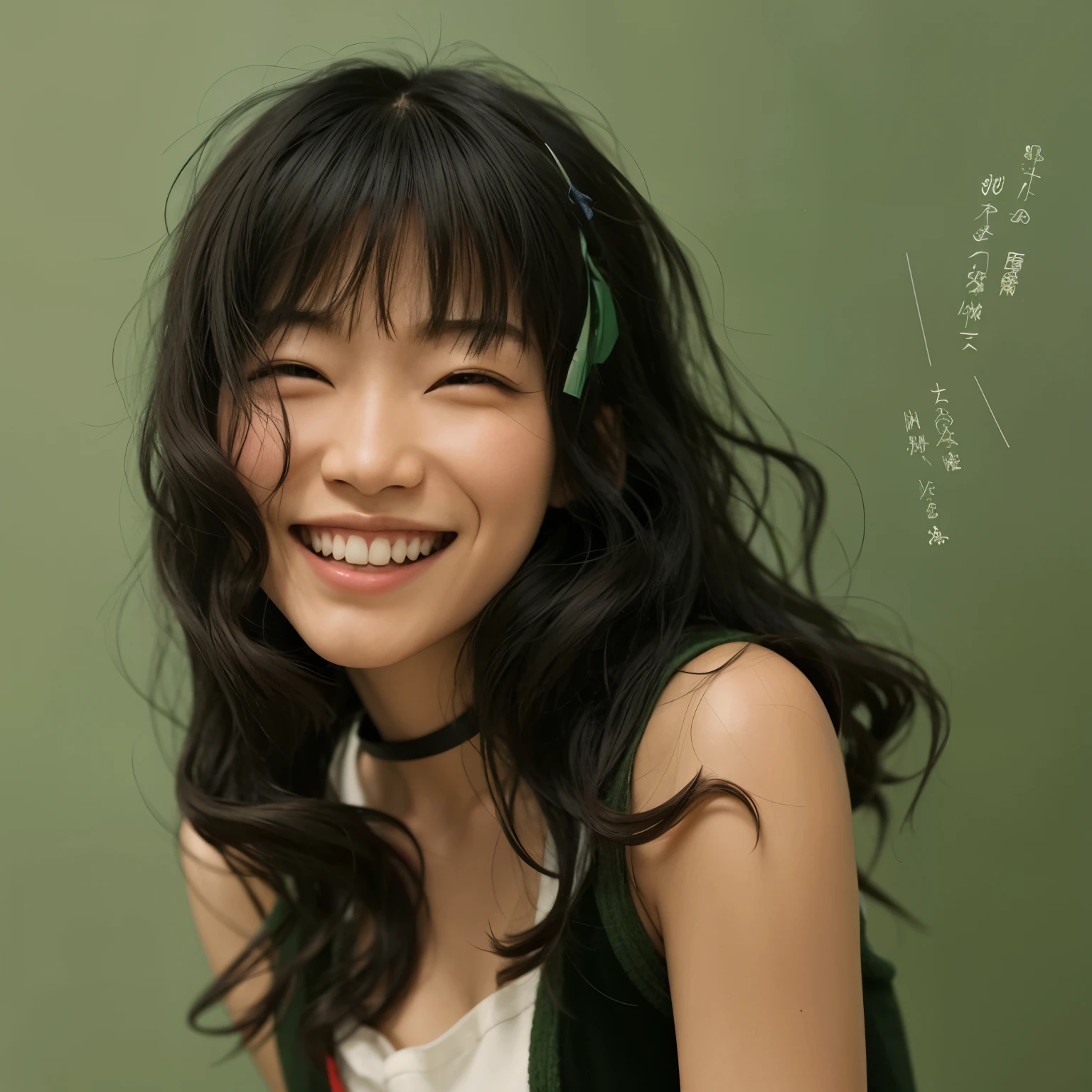 puffy Asian woman with long hair smiling and wearing a green vest, jaeyeon nam, album art, Yasumotooka, arte promocional, chiho, The motto is Teshirogi, gongbi, natsumi mukai artwrok, aoi ogata, gema chen, nanae kawahara, Heise-Lian Yan Fang, sorriso largo