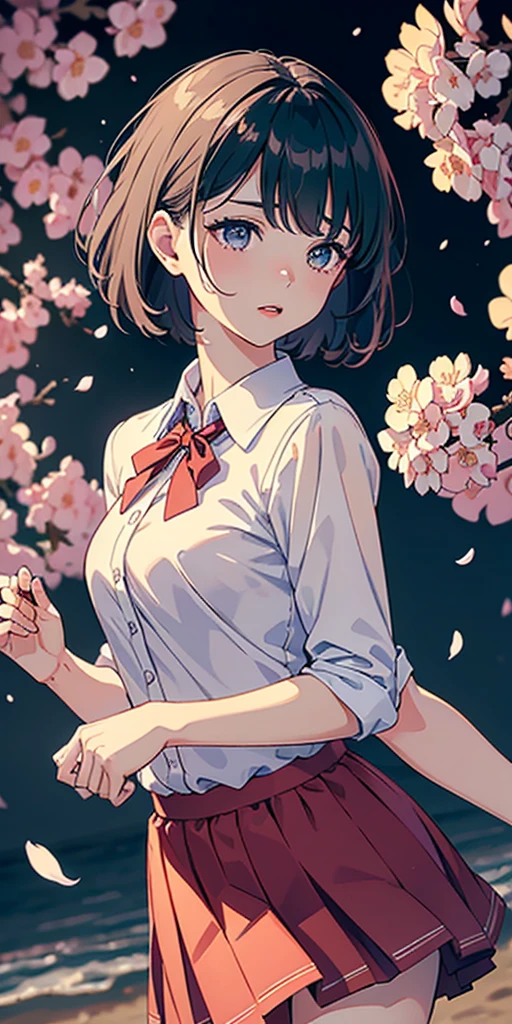 (8K highest quality, masterpiece:1.2), (Impeccable illustration Desinger), (eye details:1.2), (Delicate faces and features highly detailed background scenery 8k CG wallpaper), cinematic and artistic tone, Soft and delicate pastel colors, In a beautiful environment where rose petals dance on the cherry blossom breeze., 1 Cute girl with short hair with bangs,  wearing school uniform, In artistic, three-dimensional, cinematic lighting.