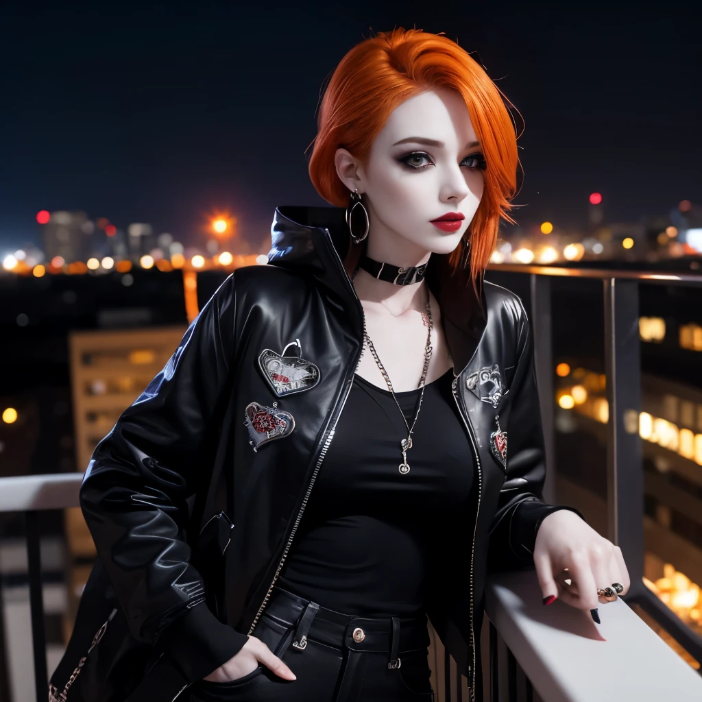 goth, excited, pale skin, smoky eyes, vivid colors, punk rock hairstyle, orange and blue hair, black lips, hotel balcony at night, leaning over balcony, leaning, body view, huge breasts, tshirt, jacket, pocket chain, earrings, ruffles, ruffle trim, bimbo